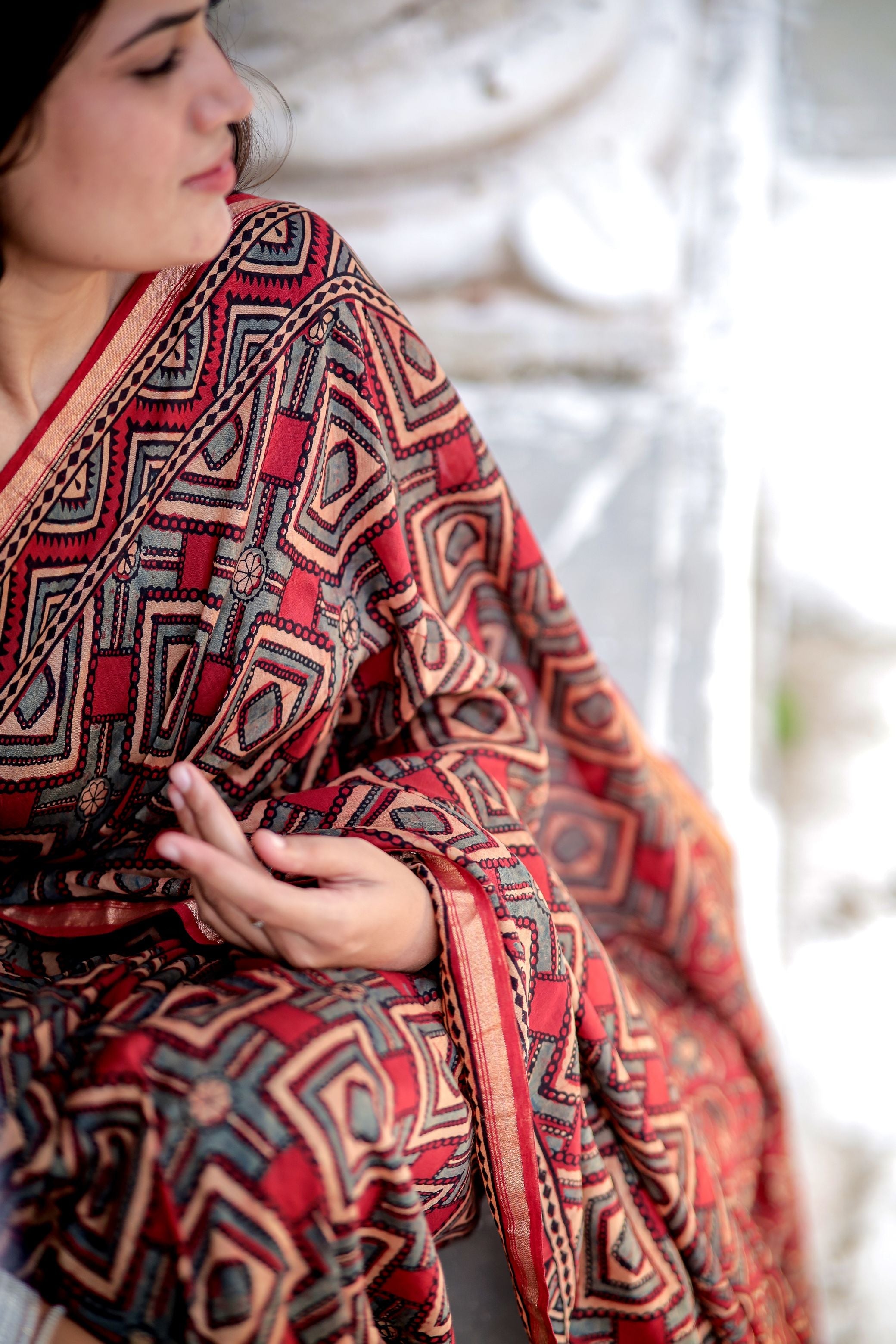 Jharokha - Red and black triangle red striped silk cotton Ajrakh handblockprinted saree