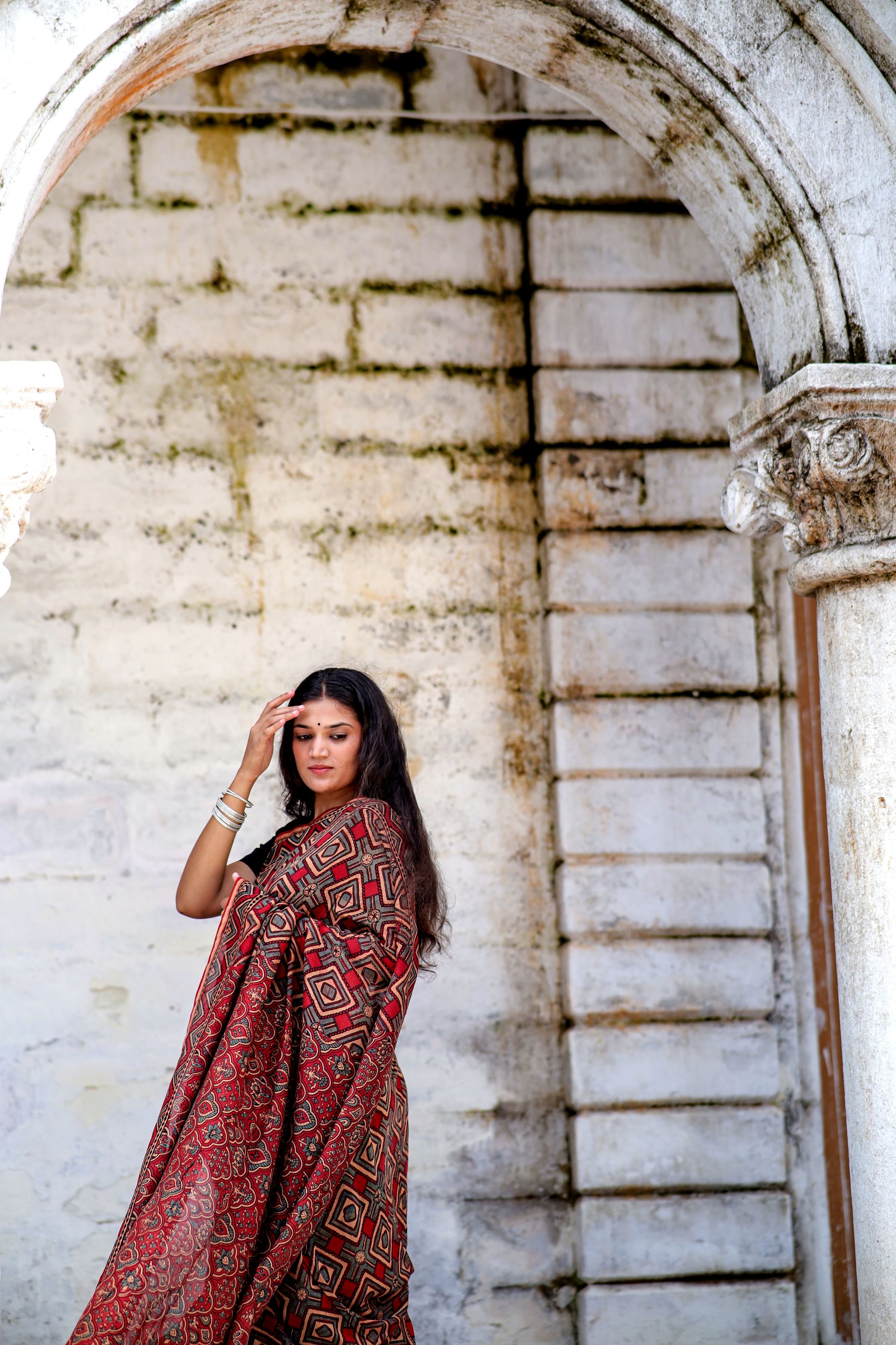 Jharokha - Red and black triangle red striped silk cotton Ajrakh handblockprinted saree