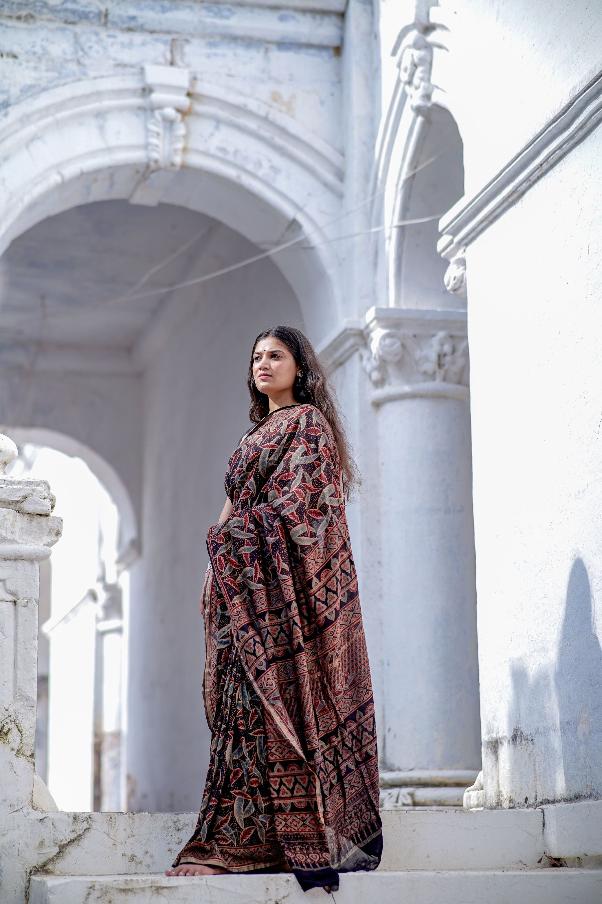 Jharokha -Black leaf silk cotton Ajrakh handblockprinted saree