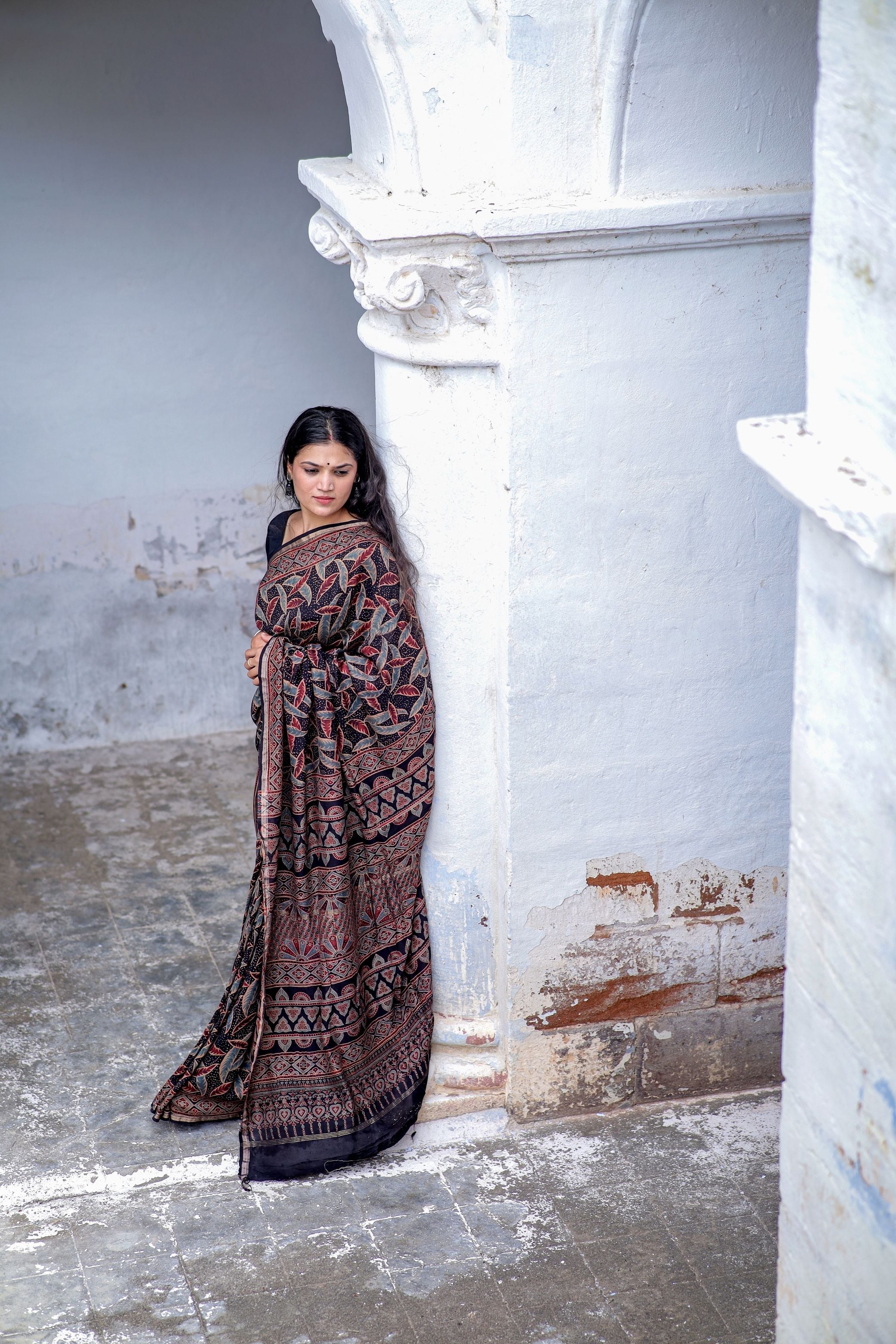 Jharokha -Black leaf silk cotton Ajrakh handblockprinted saree