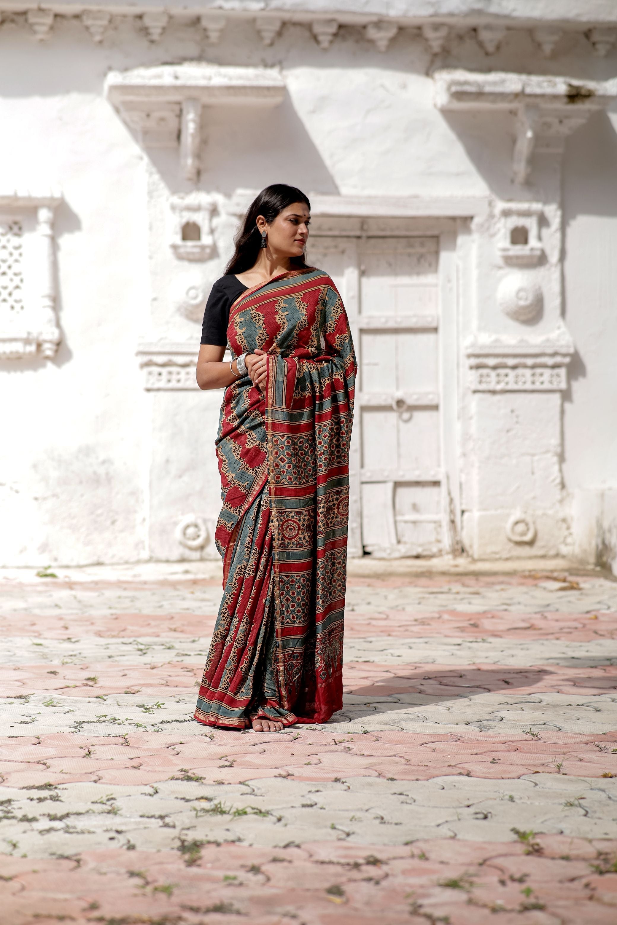 Jharokha -Blue and Red geometric silk cotton Ajrakh handblockprinted saree