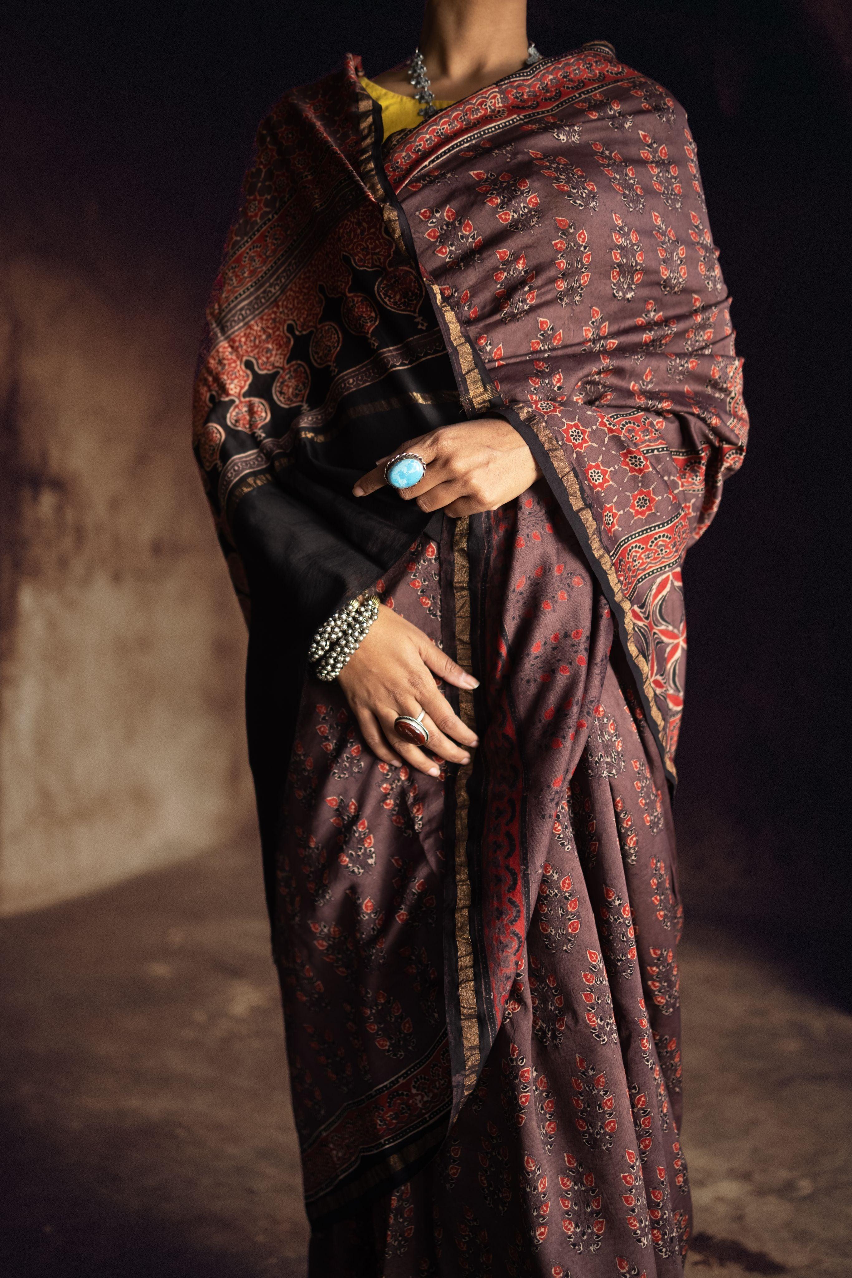 Jharokha -Grey and red silk  cotton Ajrakh handblockprinted saree