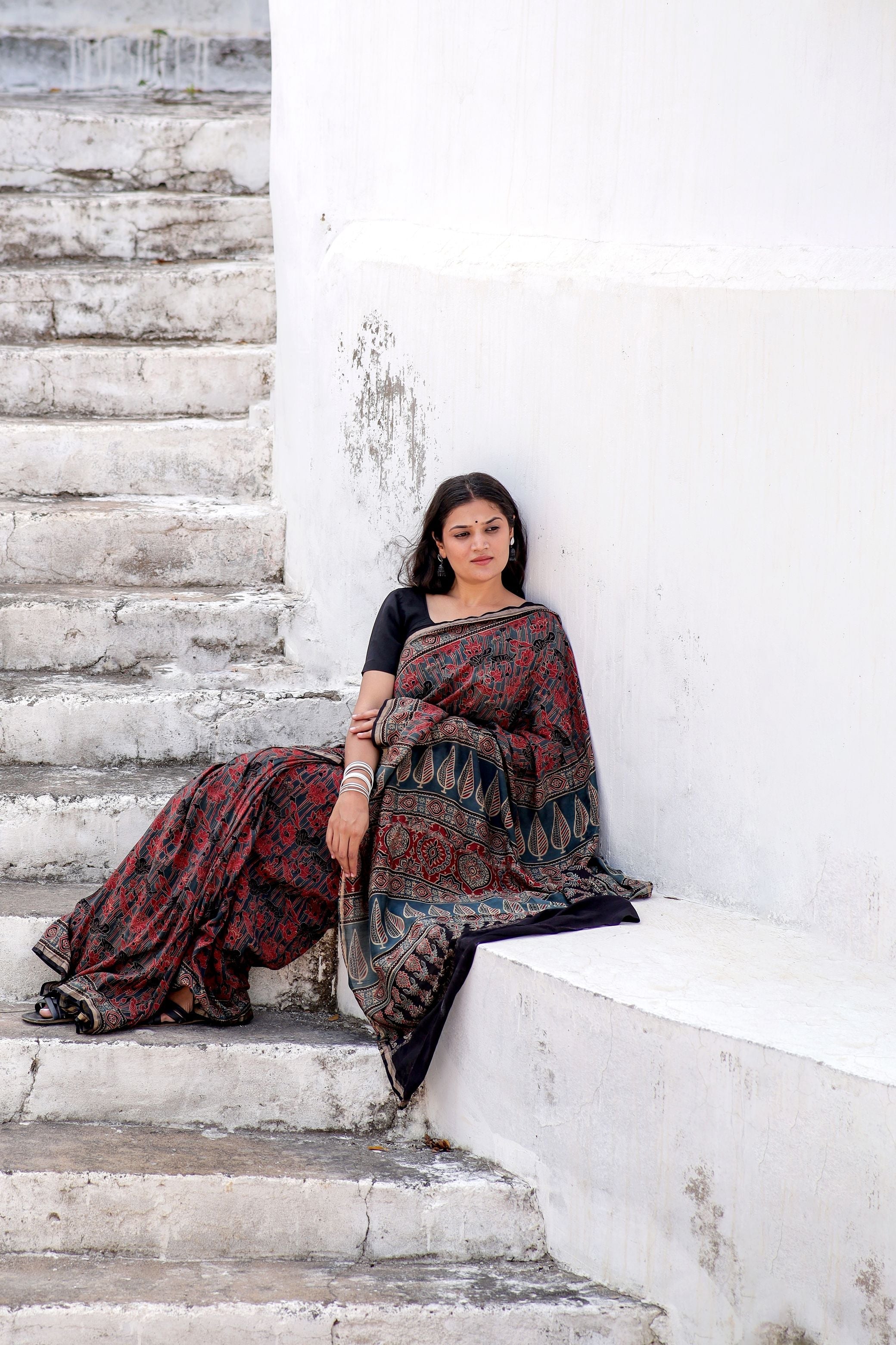 Jharokha -Indigo red floral silk cotton Ajrakh handblockprinted saree