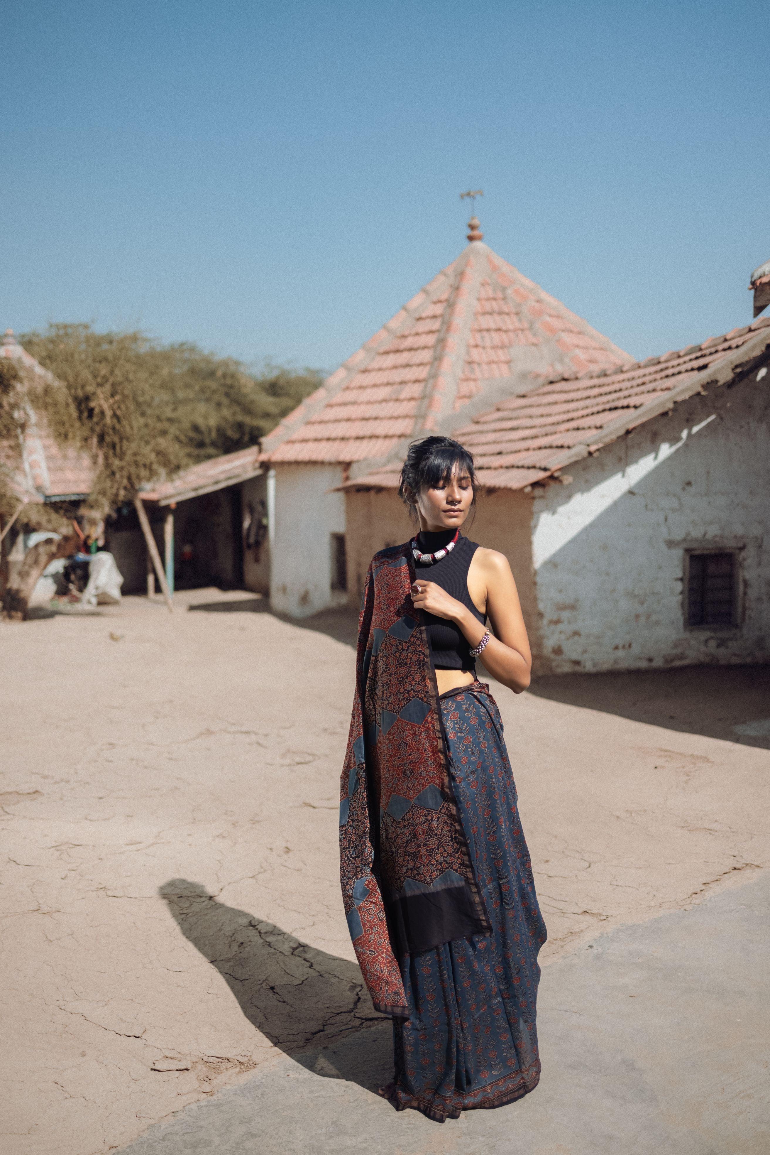 Jharokha -Indigo silk cotton Ajrakh handblockprinted saree