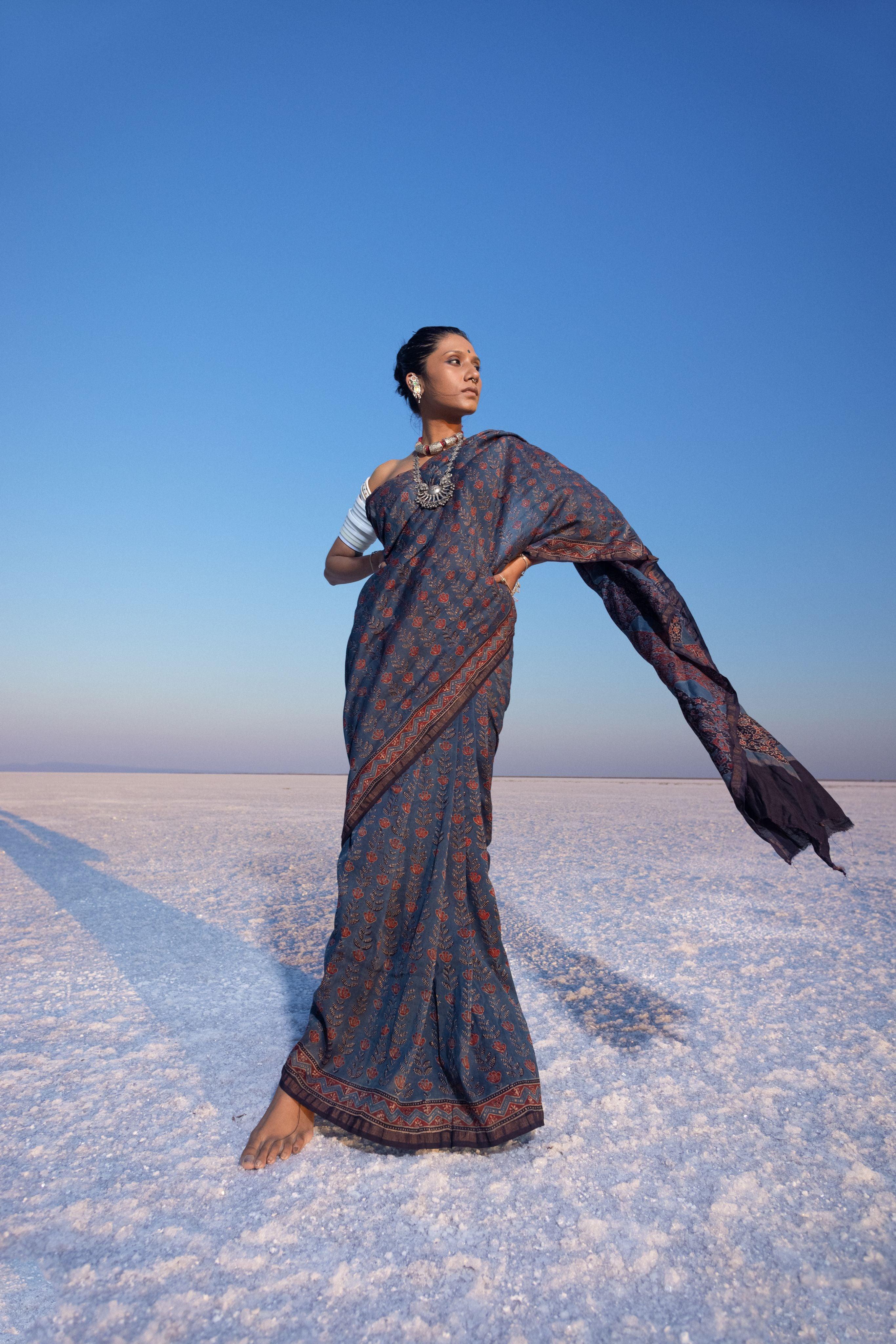 Jharokha -Indigo silk cotton Ajrakh handblockprinted saree