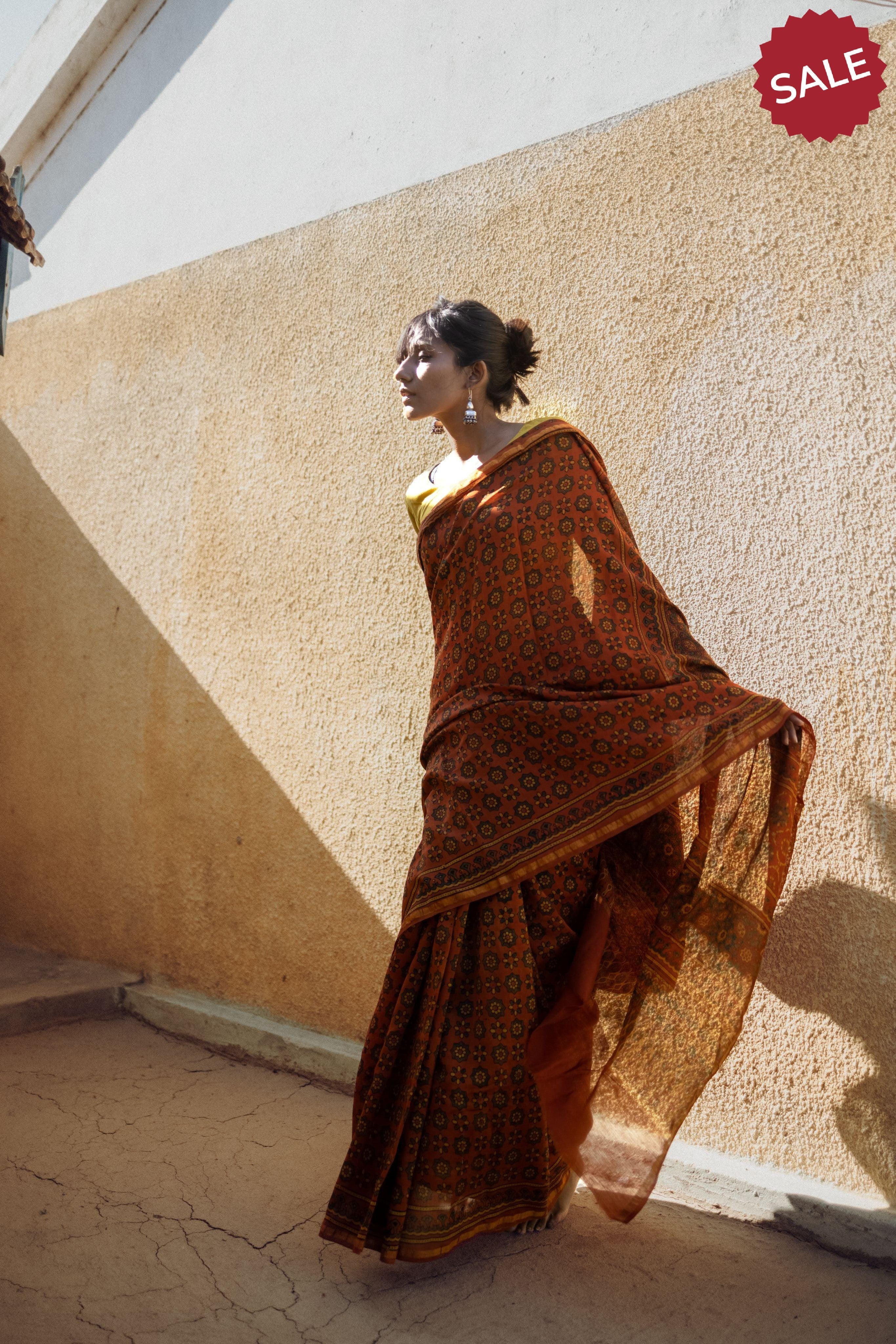 Jharokha -Orange green silk cotton Ajrakh handblockprinted saree