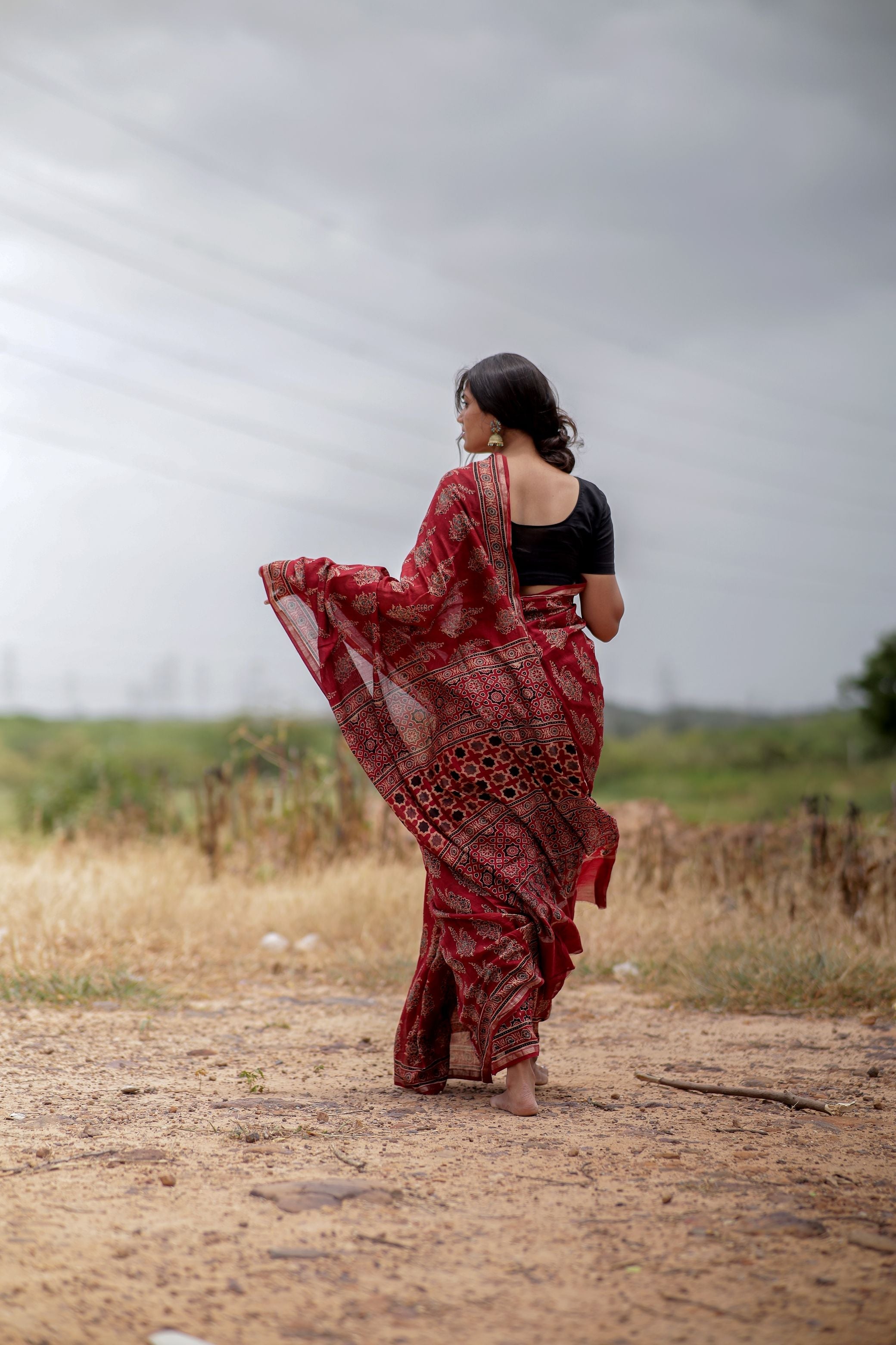 Jharokha -Red Mughal boota floral silk cotton Ajrakh handblockprinted saree