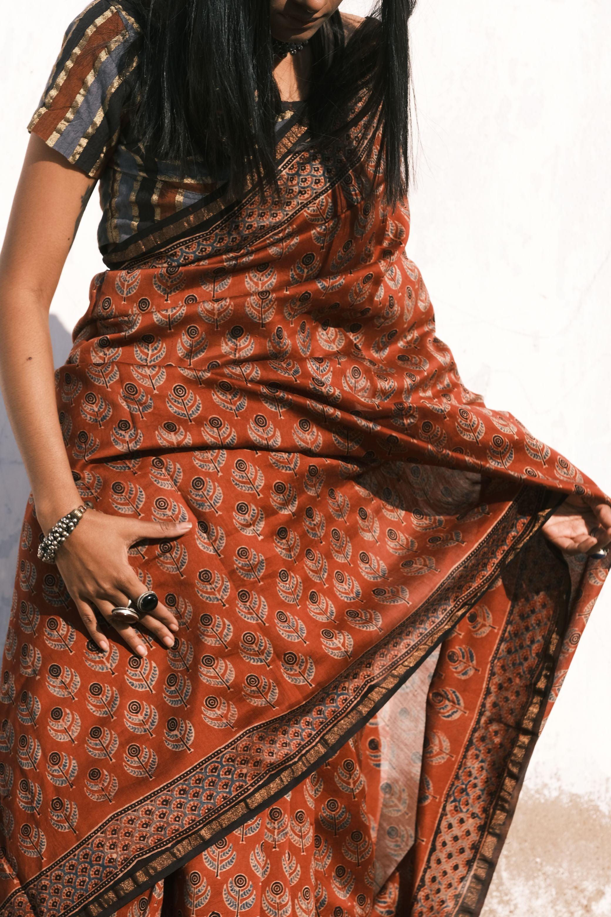 Jharokha -Red silk cotton Ajrakh handblockprinted saree