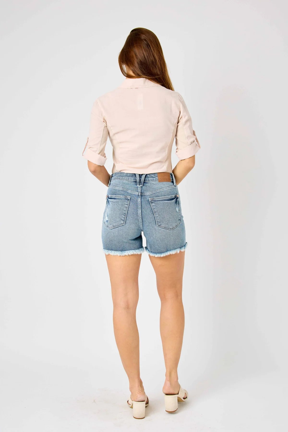 Judy Blue HW Button Fly Destroy Hi-Lo Cut Hem Shorts