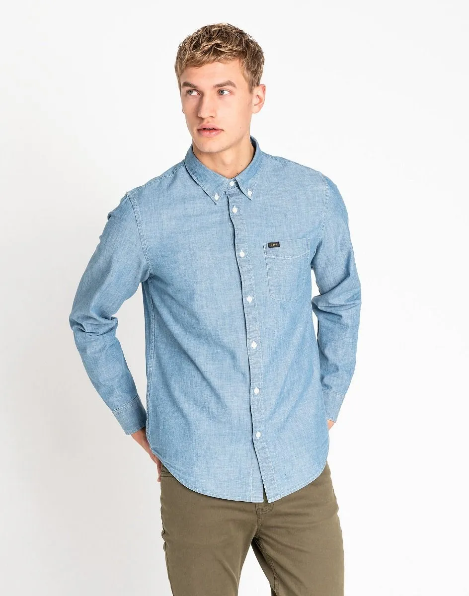 Lee Long Sleeve Button Down Plain Shirt Blue Print