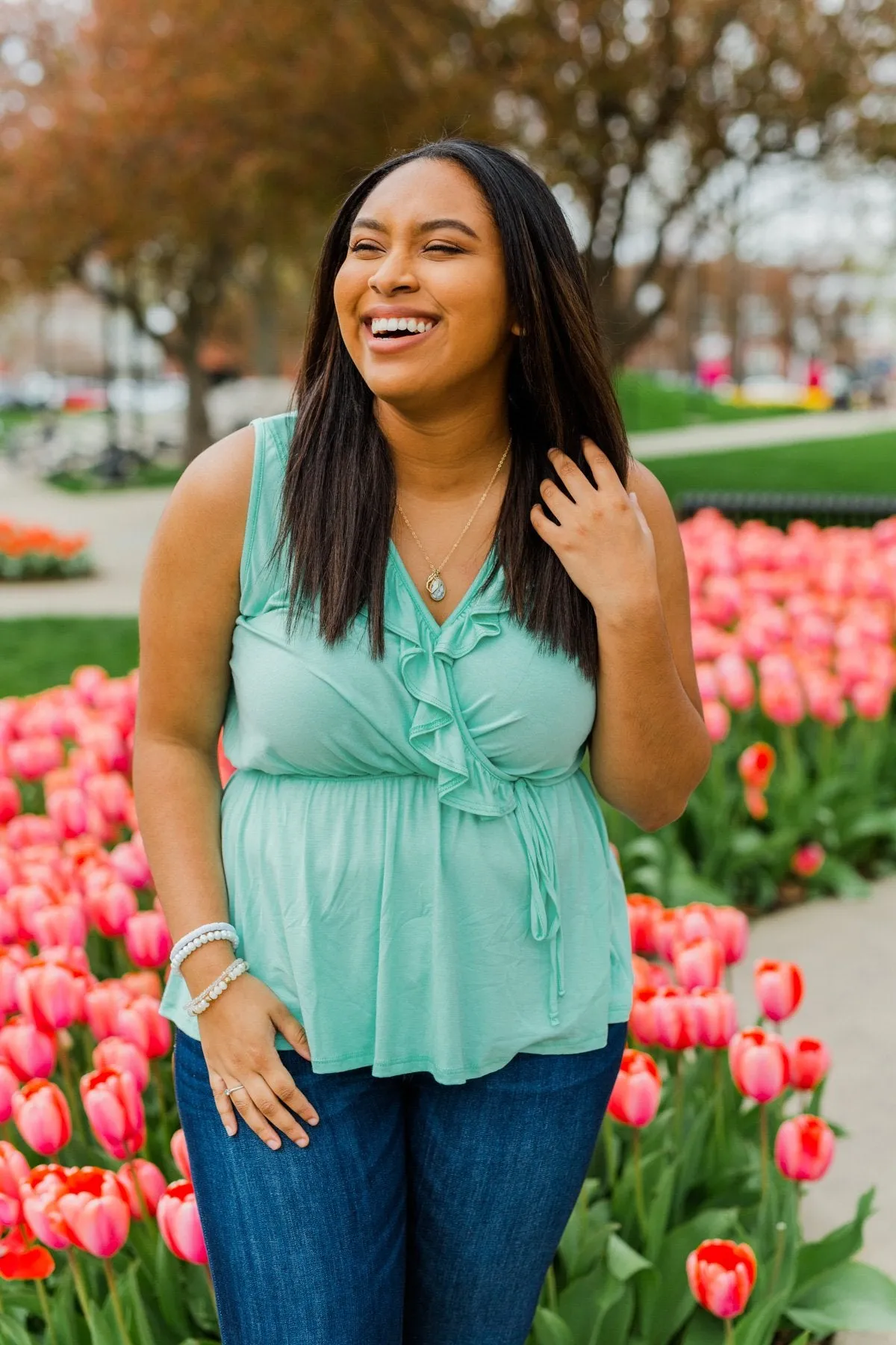 Ocean Views Ruffled Sleeveless Blouse- Mint