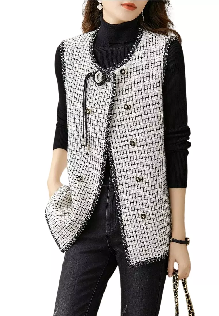 ONX.HK Elegant Gold Silk-Blend Checked Vest Coat