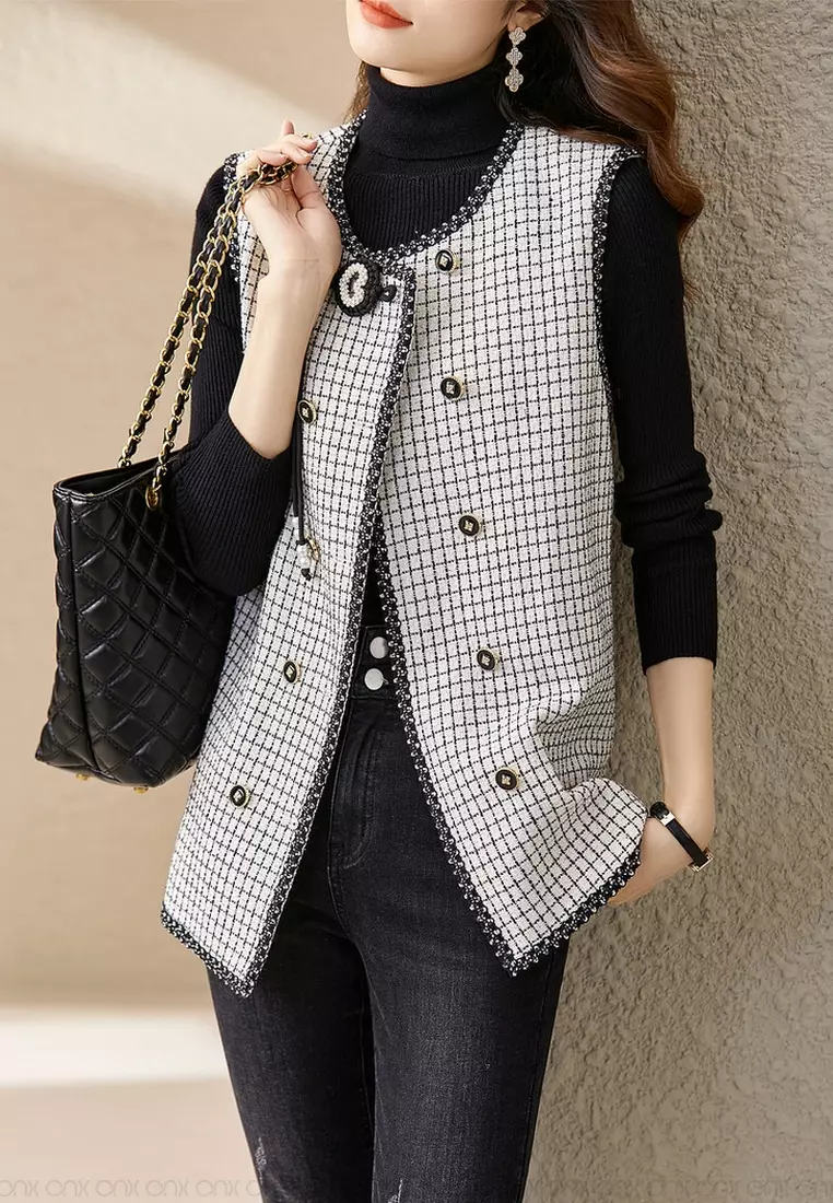 ONX.HK Elegant Gold Silk-Blend Checked Vest Coat