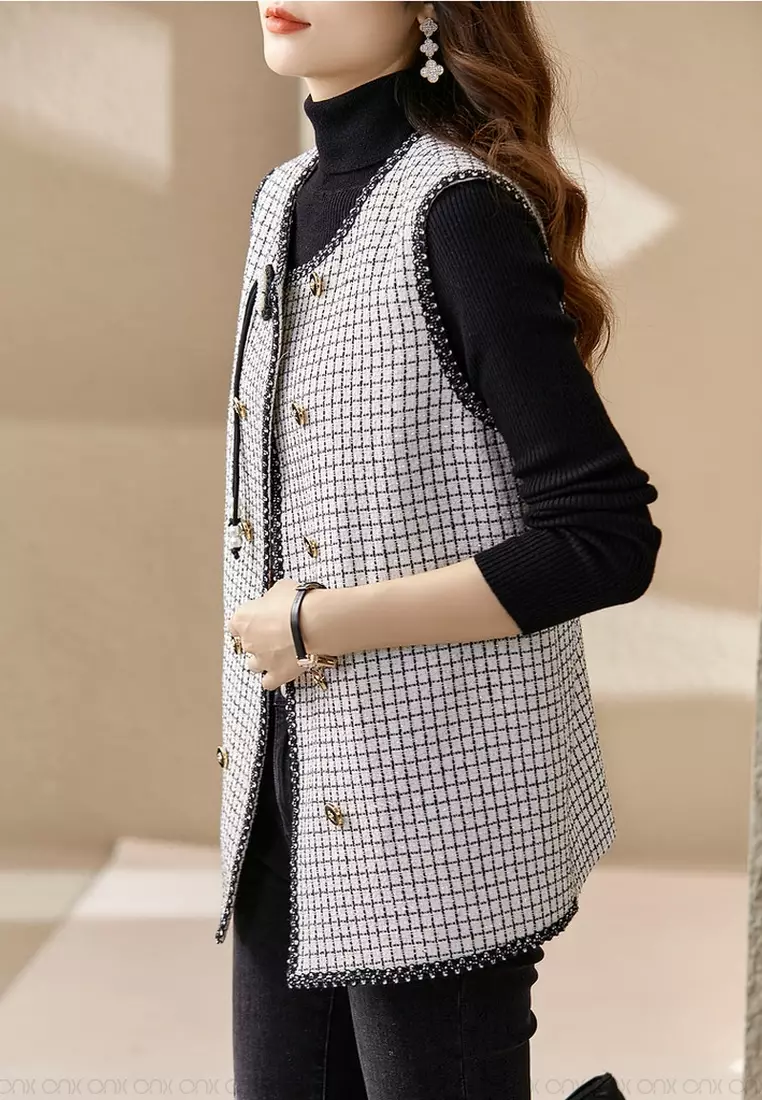 ONX.HK Elegant Gold Silk-Blend Checked Vest Coat