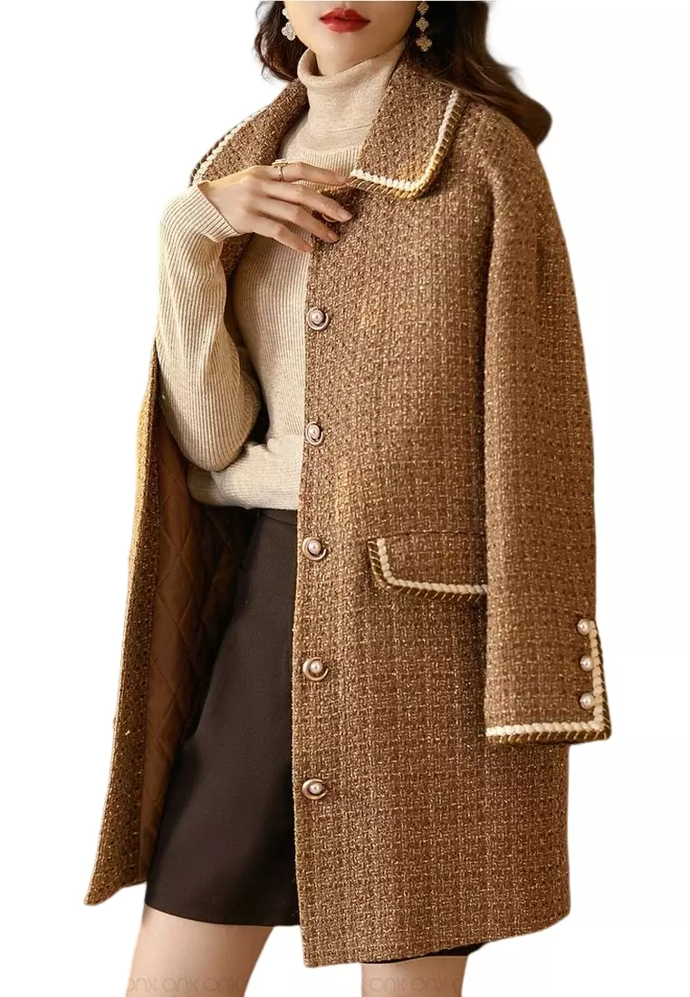 ONX.HK Elegant Gold Silk Blend Pearl Button Wool Coat