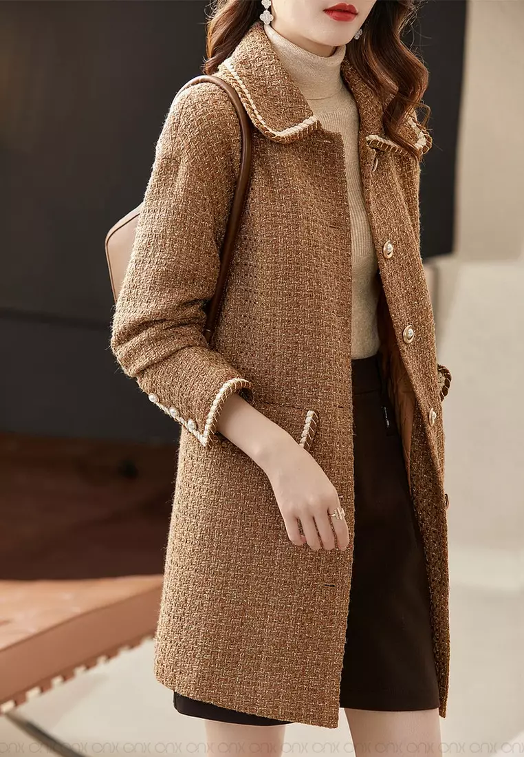 ONX.HK Elegant Gold Silk Blend Pearl Button Wool Coat