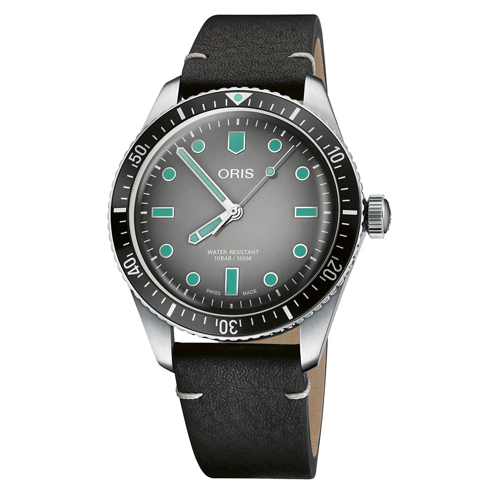 Oris Divers Sixty-Five 40MM Glow Grey Gradient Dial Black Leather Strap Watch 01 733 7707 4053-07 5 20 89