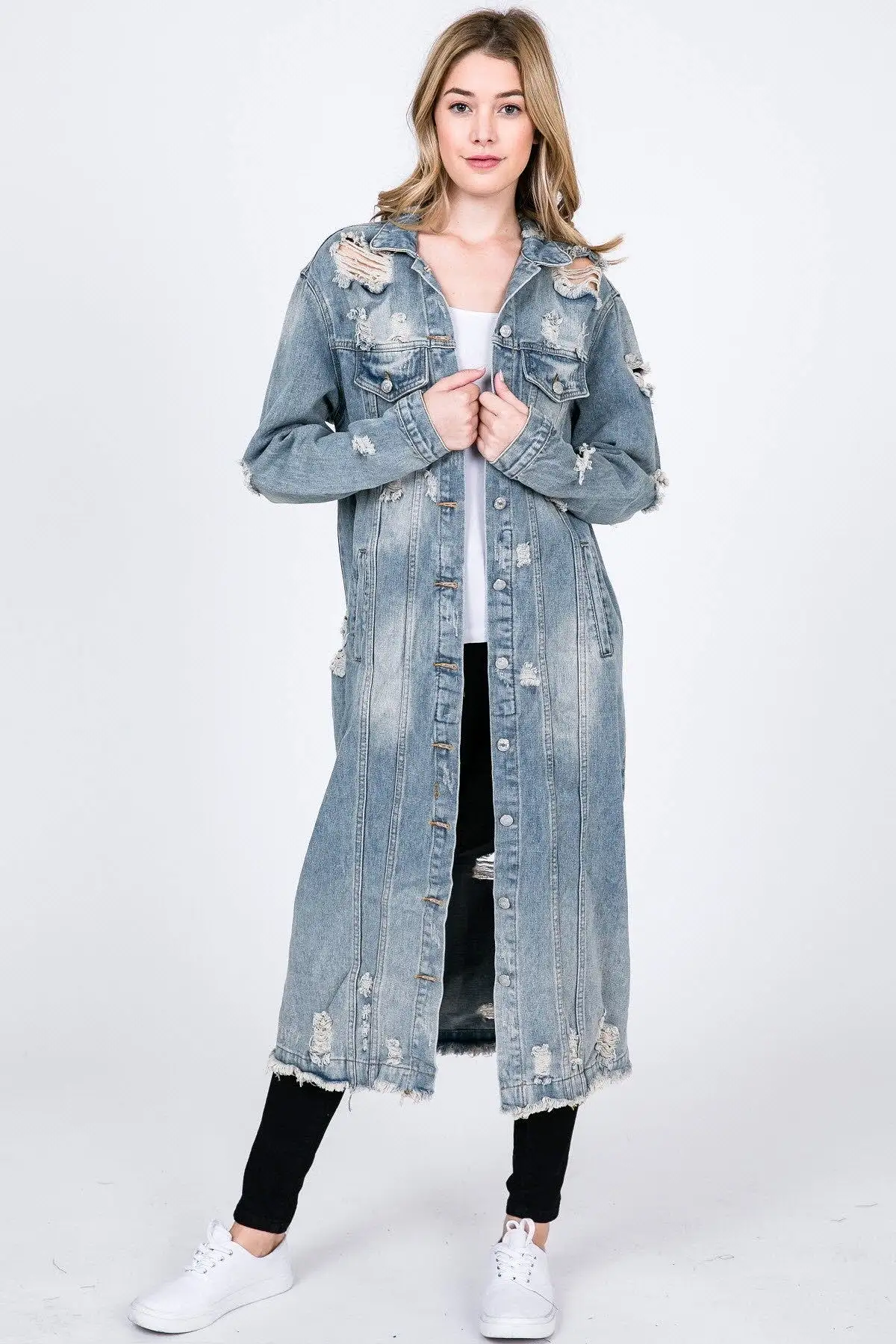 Out And About Maxi Distressed Denim Coat - PLUS