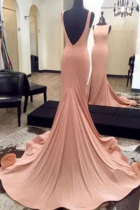 Pink Sheath Court Train Jewel Neck Sleeveless Backless Prom Dresses