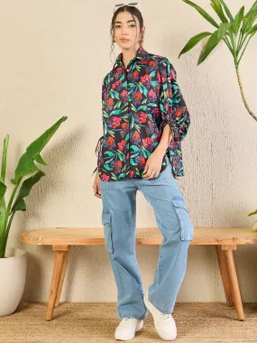 Printed Cotton Shirt with Tie Up Sleeves