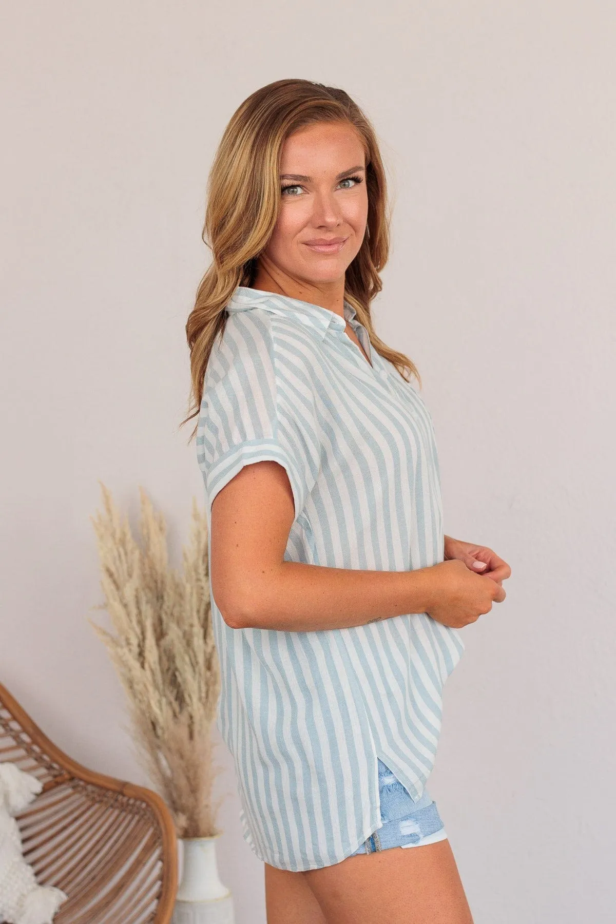 Reach For More Striped Button Top- Blue & Ivory