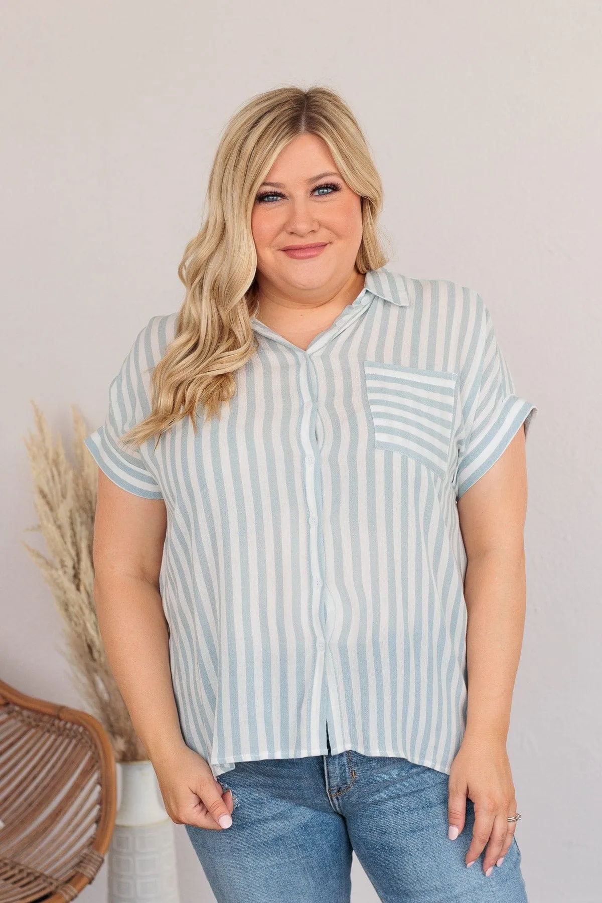 Reach For More Striped Button Top- Blue & Ivory