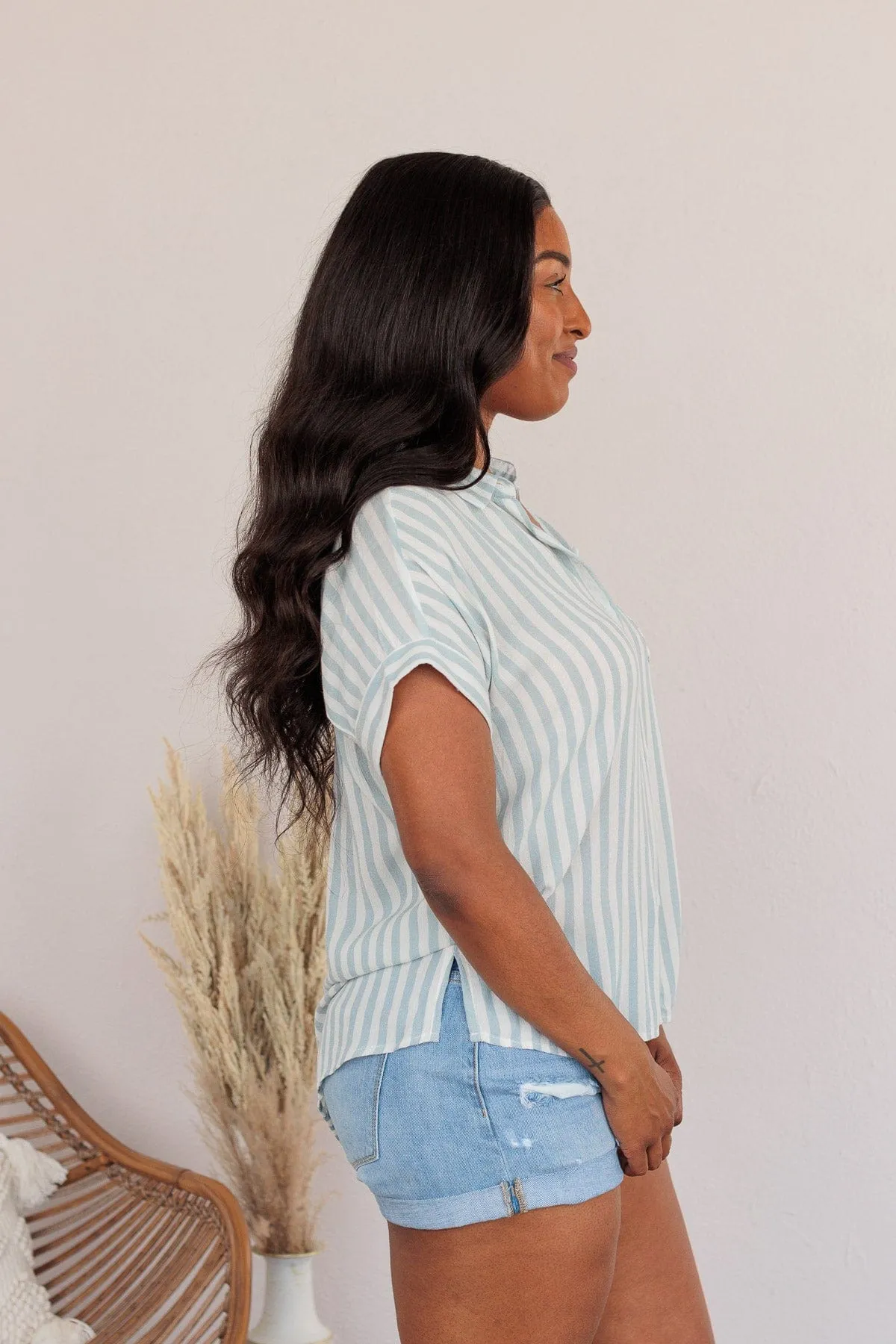 Reach For More Striped Button Top- Blue & Ivory