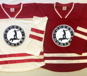 Red and White Hockey Jerseys with the Cougar Hunters Embroidered Twill Logo