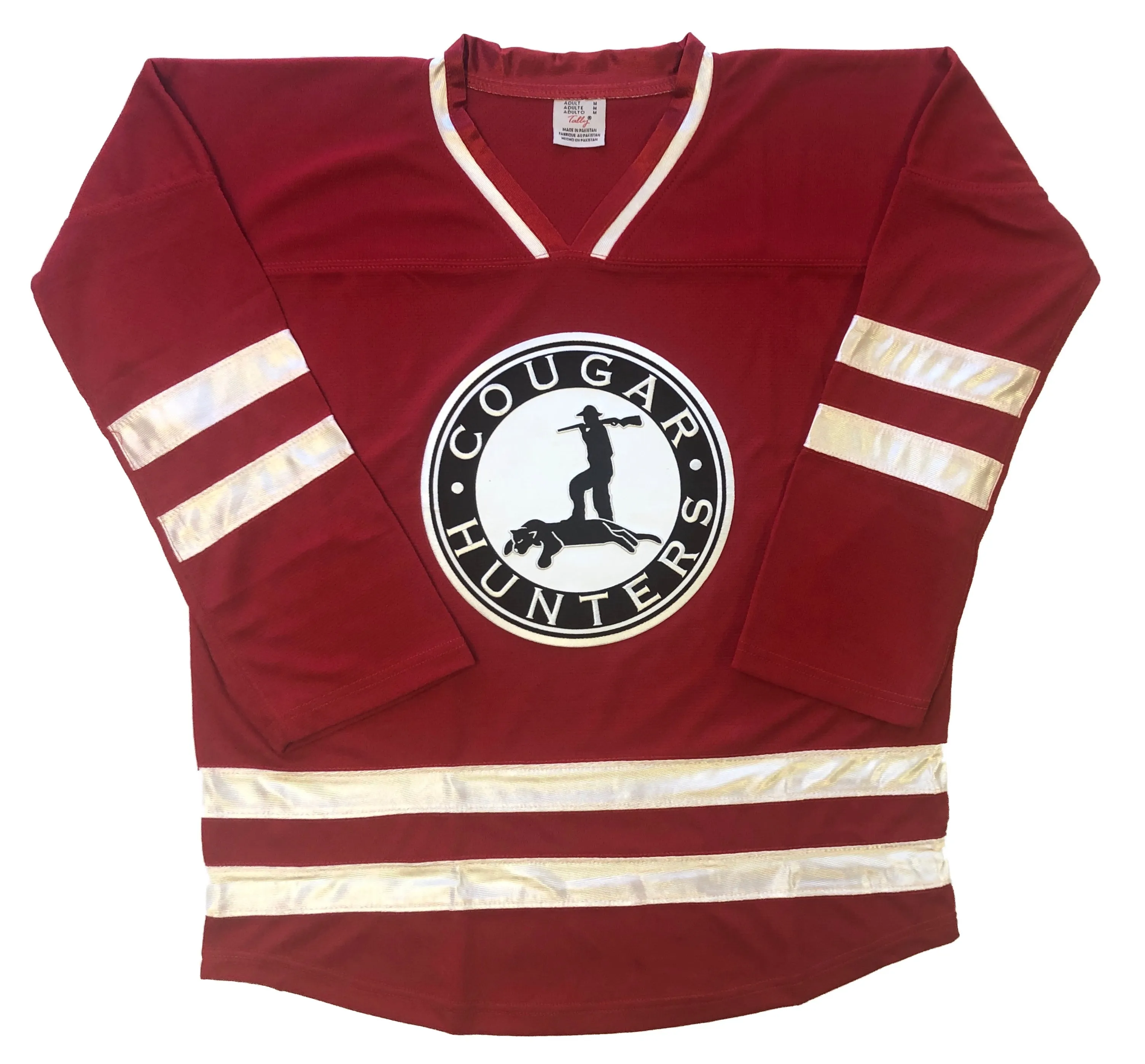 Red and White Hockey Jerseys with the Cougar Hunters Embroidered Twill Logo