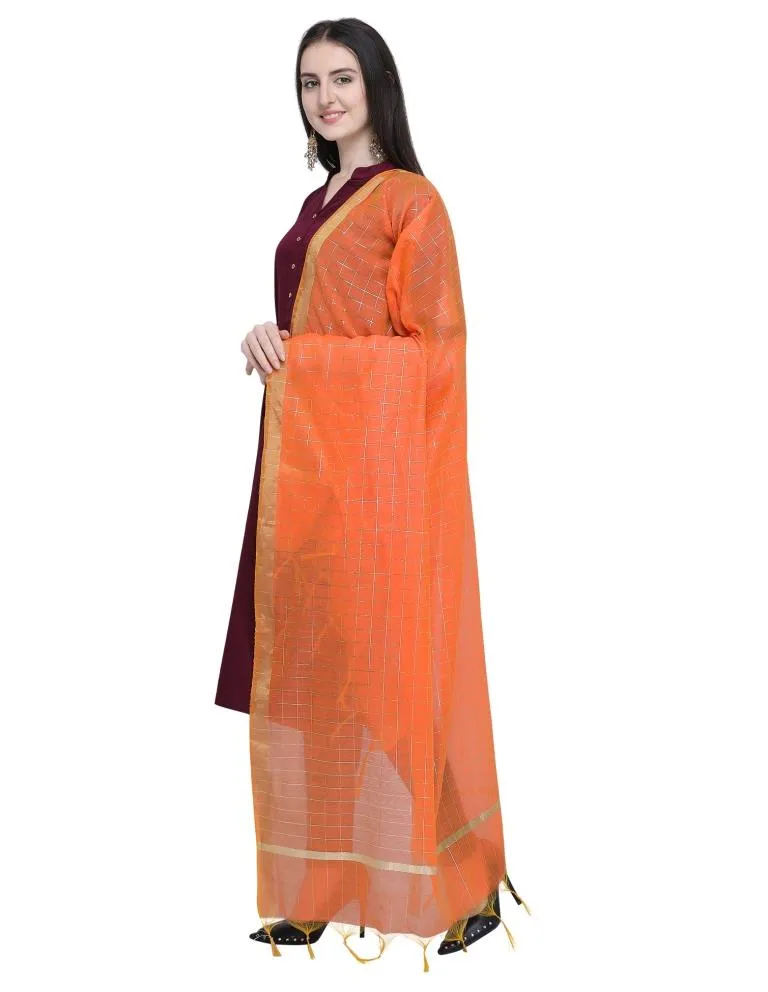 Royal Orange Coloured Cotton Silk Zari Checks Dupatta