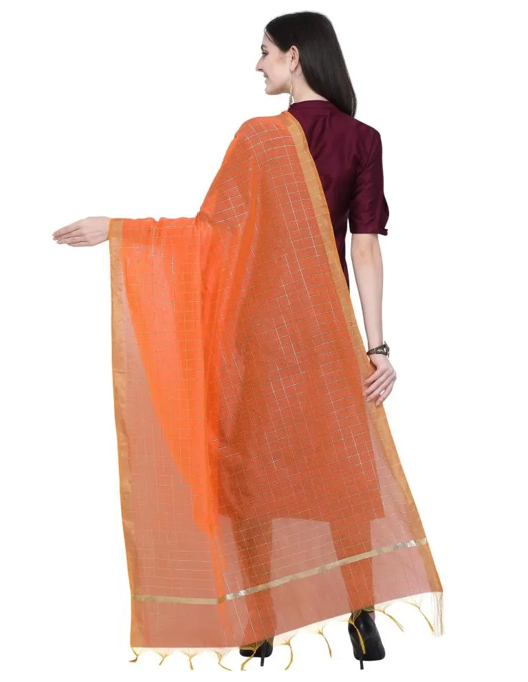 Royal Orange Coloured Cotton Silk Zari Checks Dupatta