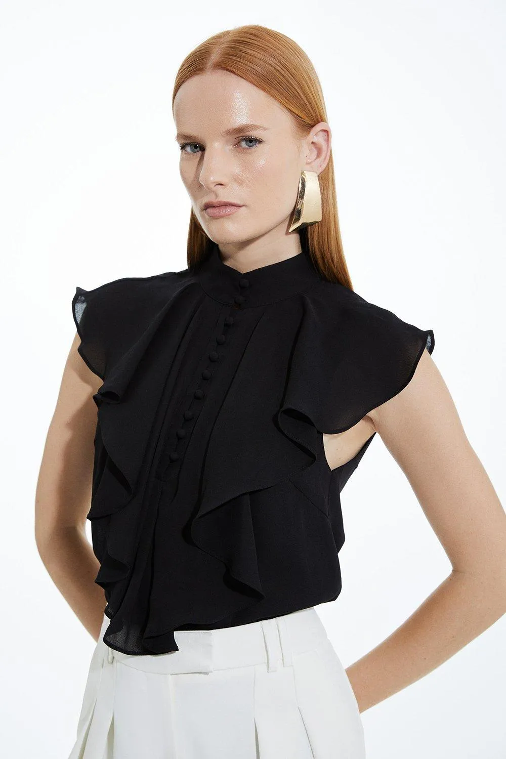 Ruffle High Neck Georgette Sleeveless Woven Blouse | Karen Millen