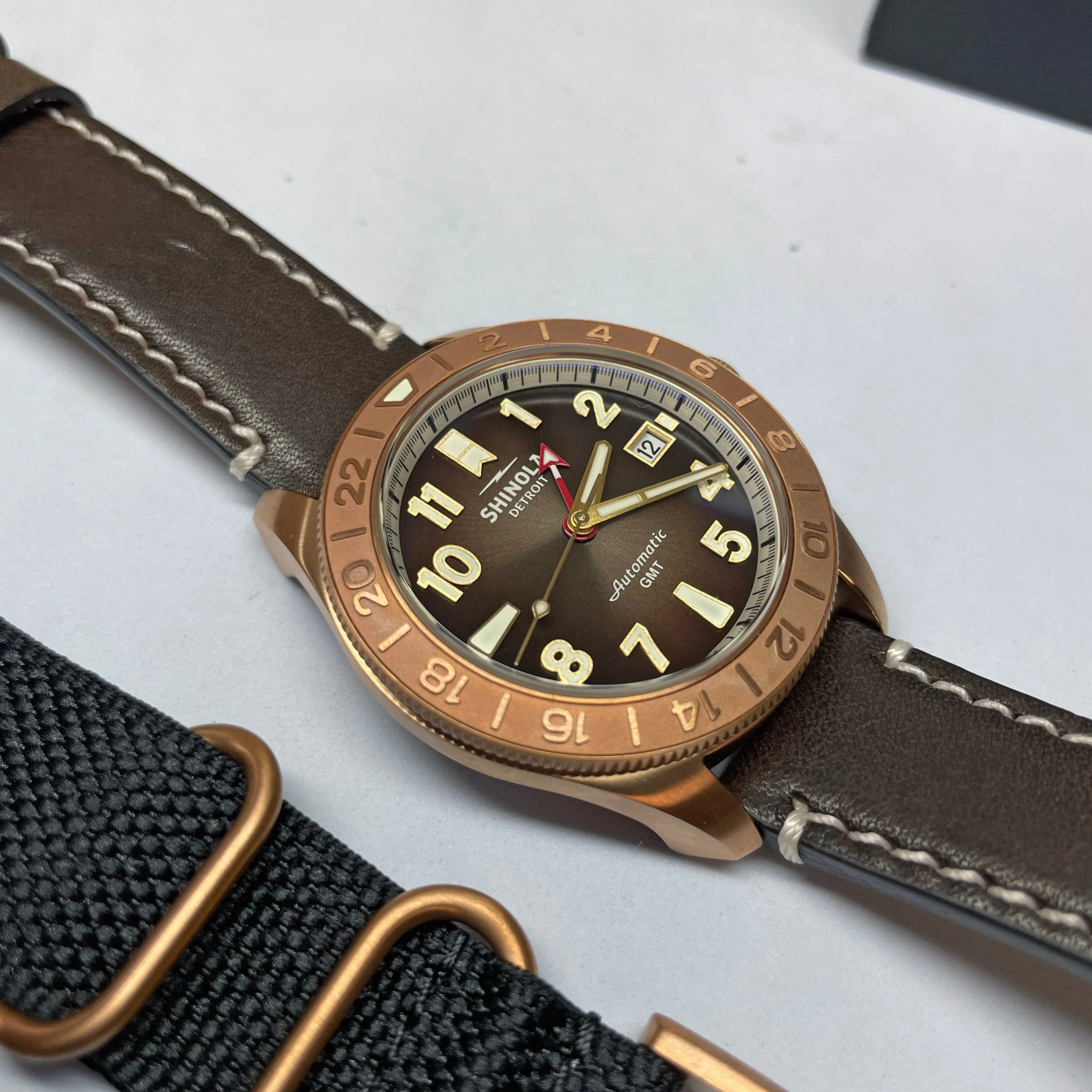 Shinola 40MM Bronze Monster GMT Set Automatic Brown Dial Extra NATO Strap Watch S0120273328