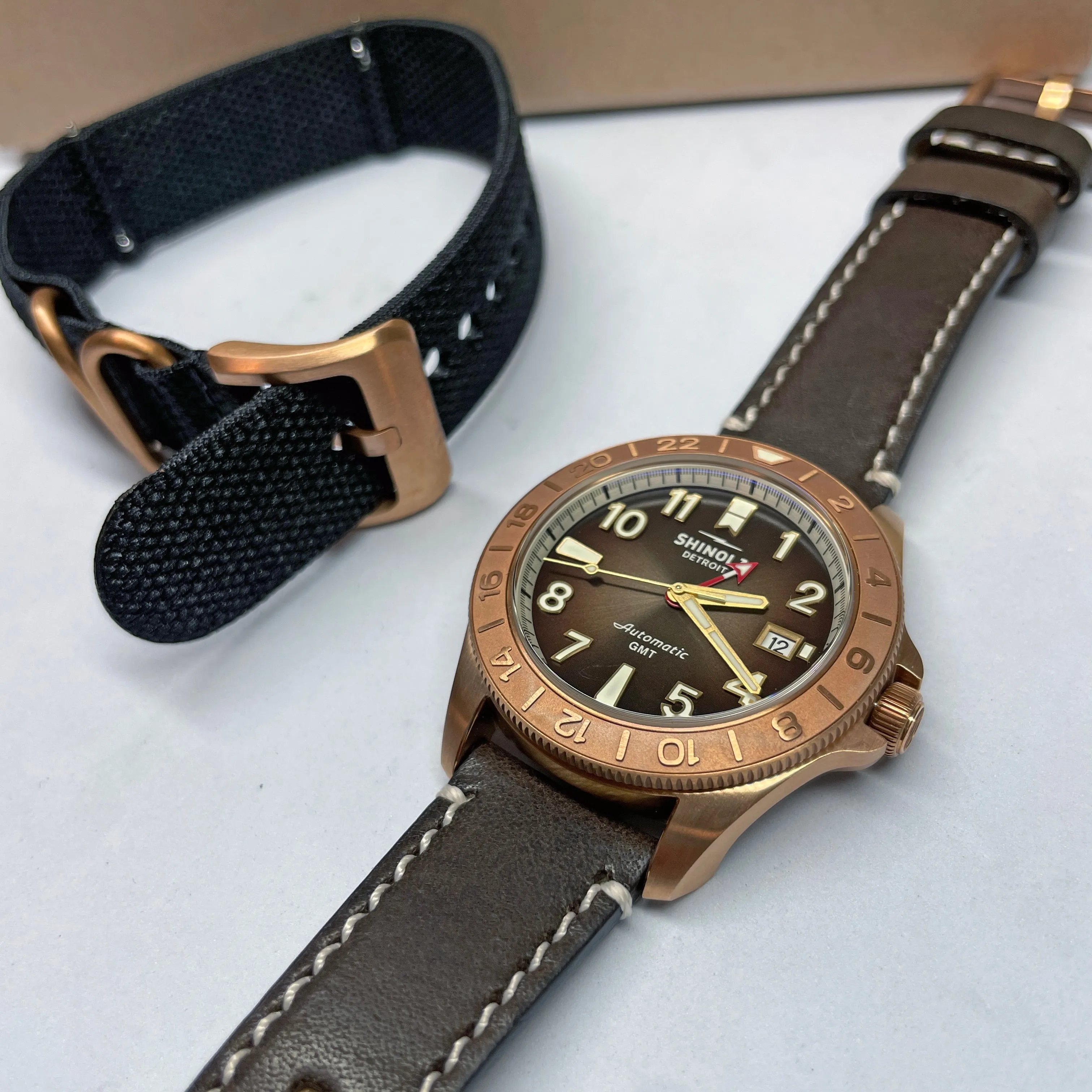 Shinola 40MM Bronze Monster GMT Set Automatic Brown Dial Extra NATO Strap Watch S0120273328