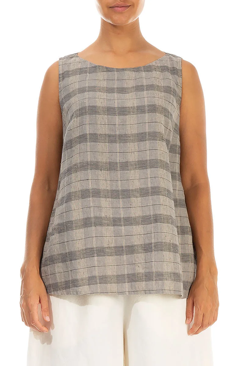 Sleeveless Greige Check Linen Blouse