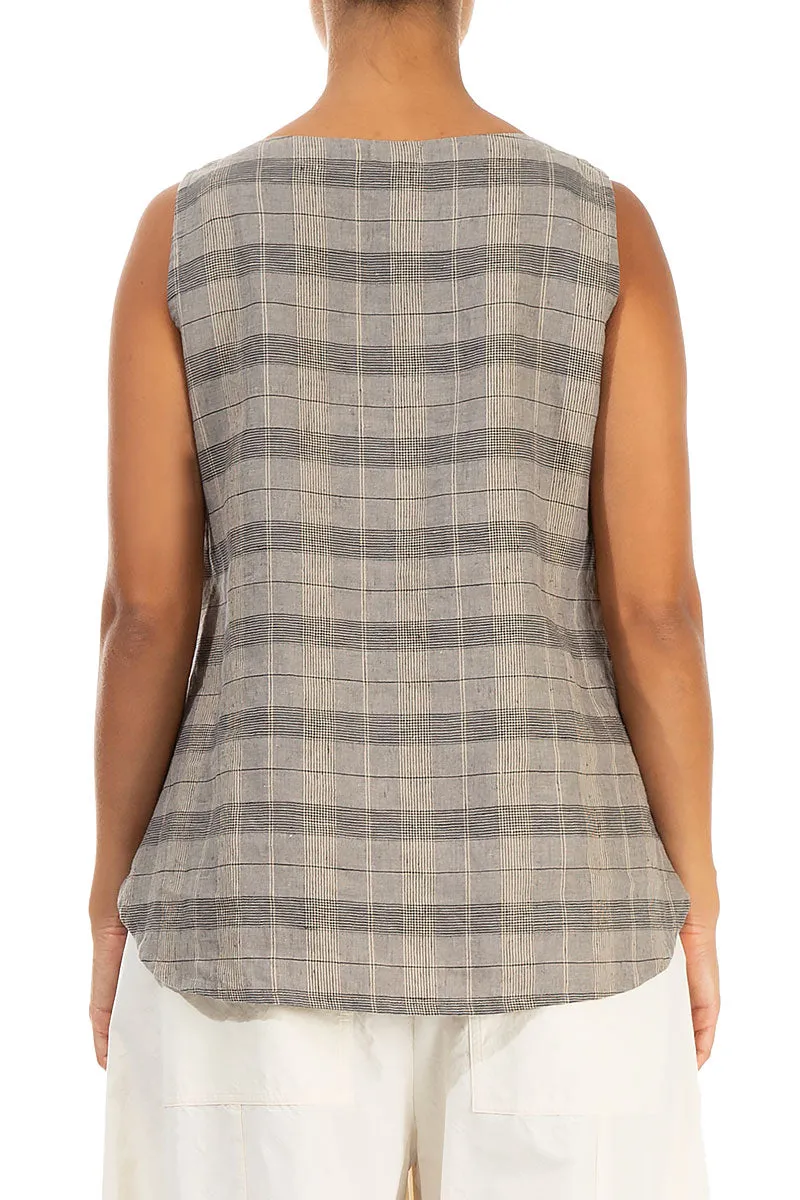 Sleeveless Greige Check Linen Blouse