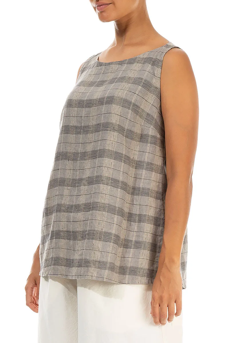 Sleeveless Greige Check Linen Blouse