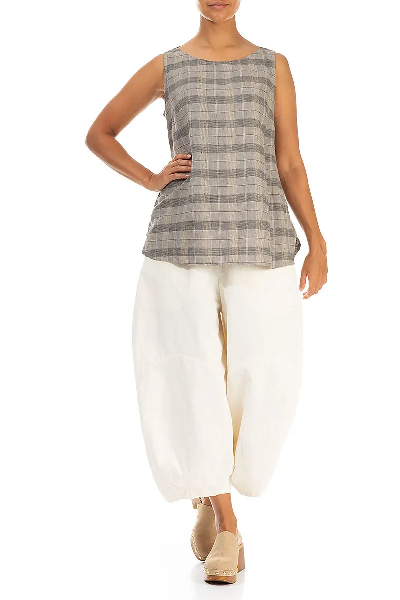 Sleeveless Greige Check Linen Blouse