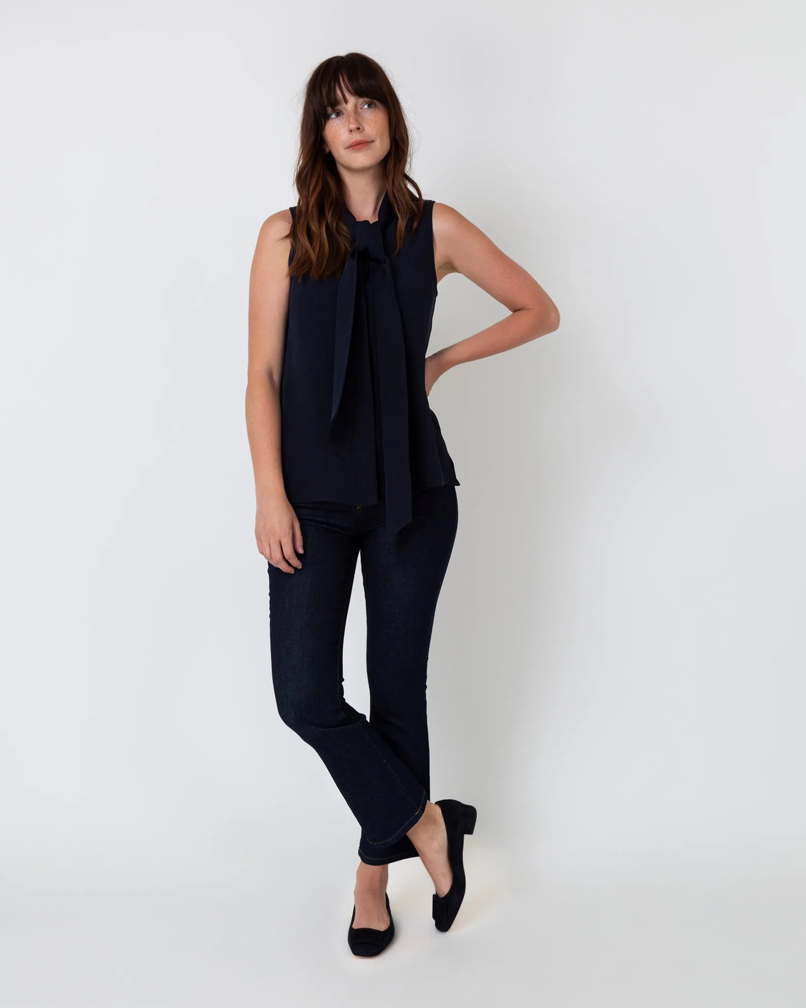 Sleeveless Tie-Neck Blouse in Navy Silk Crepe de Chine