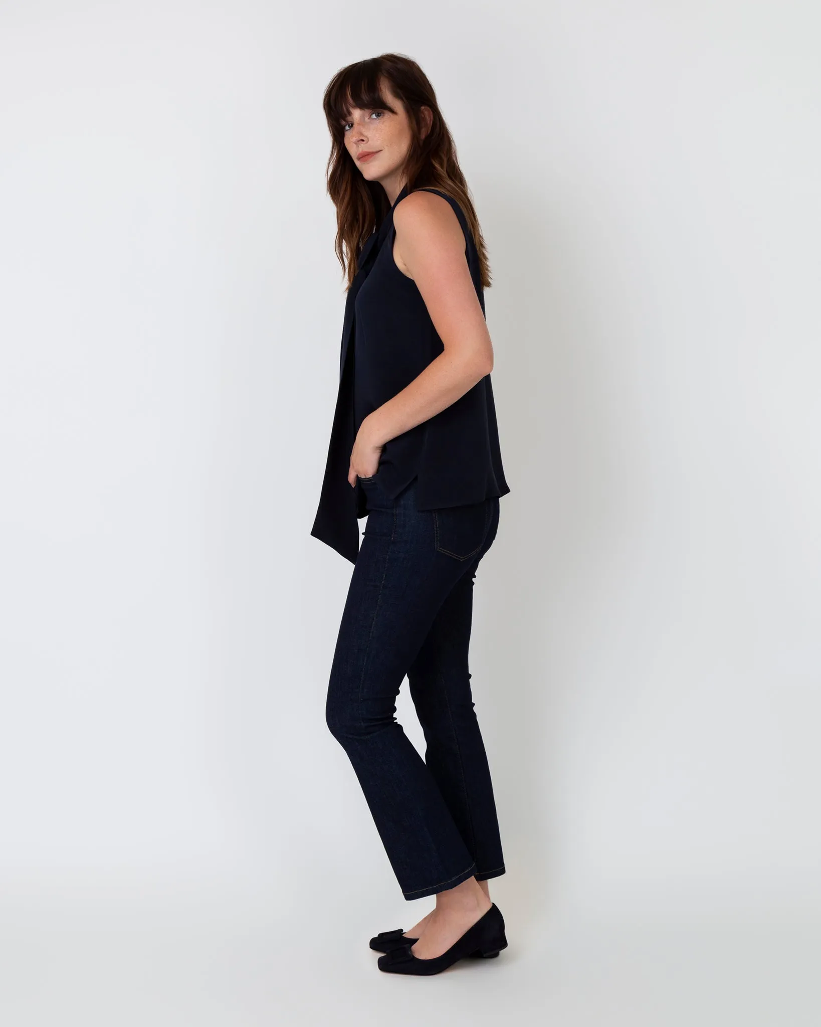 Sleeveless Tie-Neck Blouse in Navy Silk Crepe de Chine