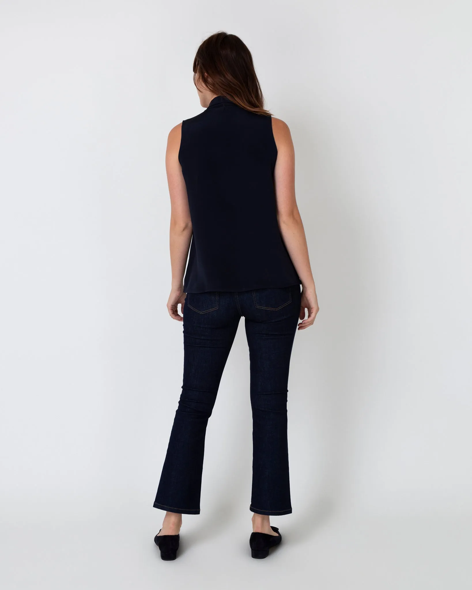 Sleeveless Tie-Neck Blouse in Navy Silk Crepe de Chine