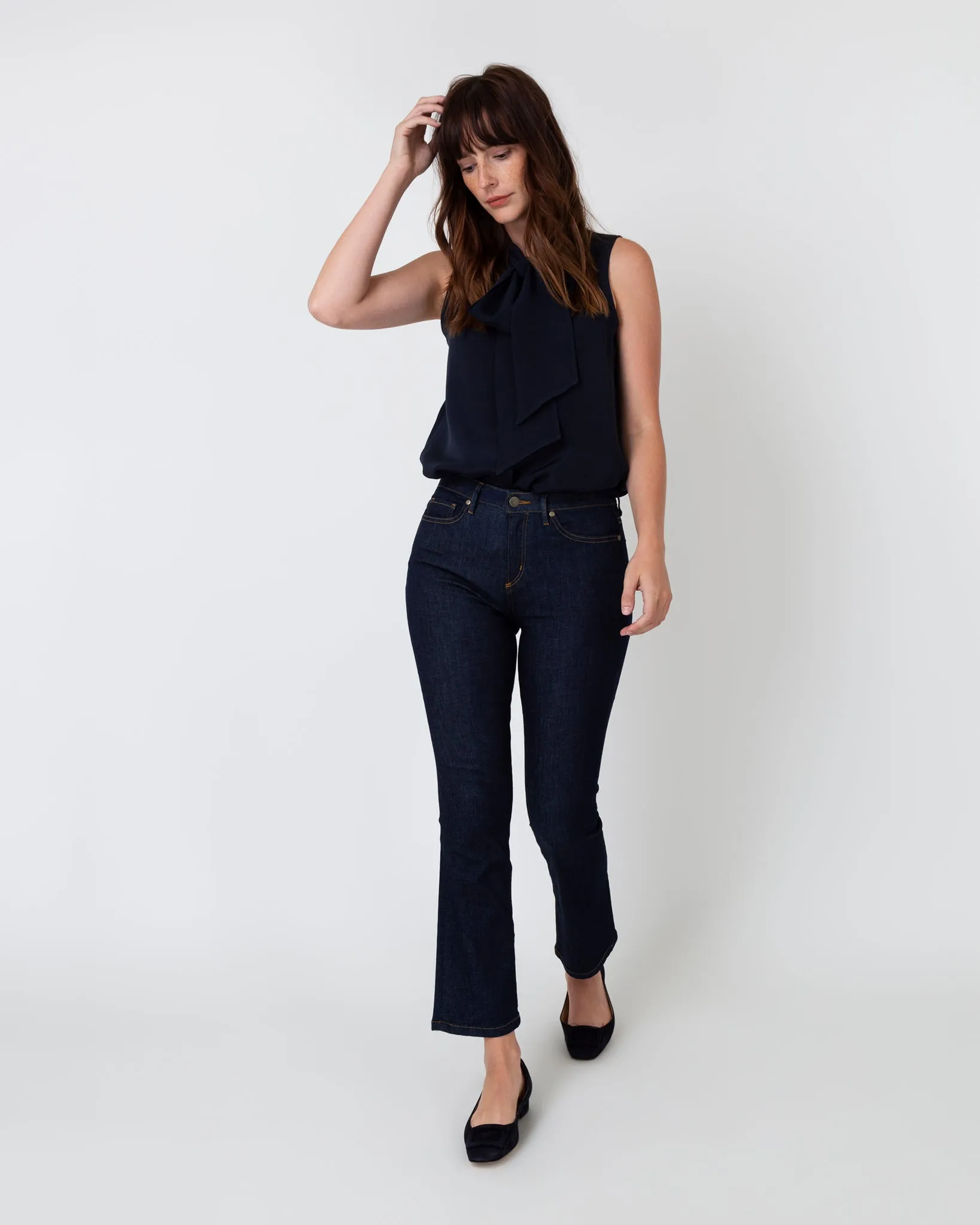 Sleeveless Tie-Neck Blouse in Navy Silk Crepe de Chine