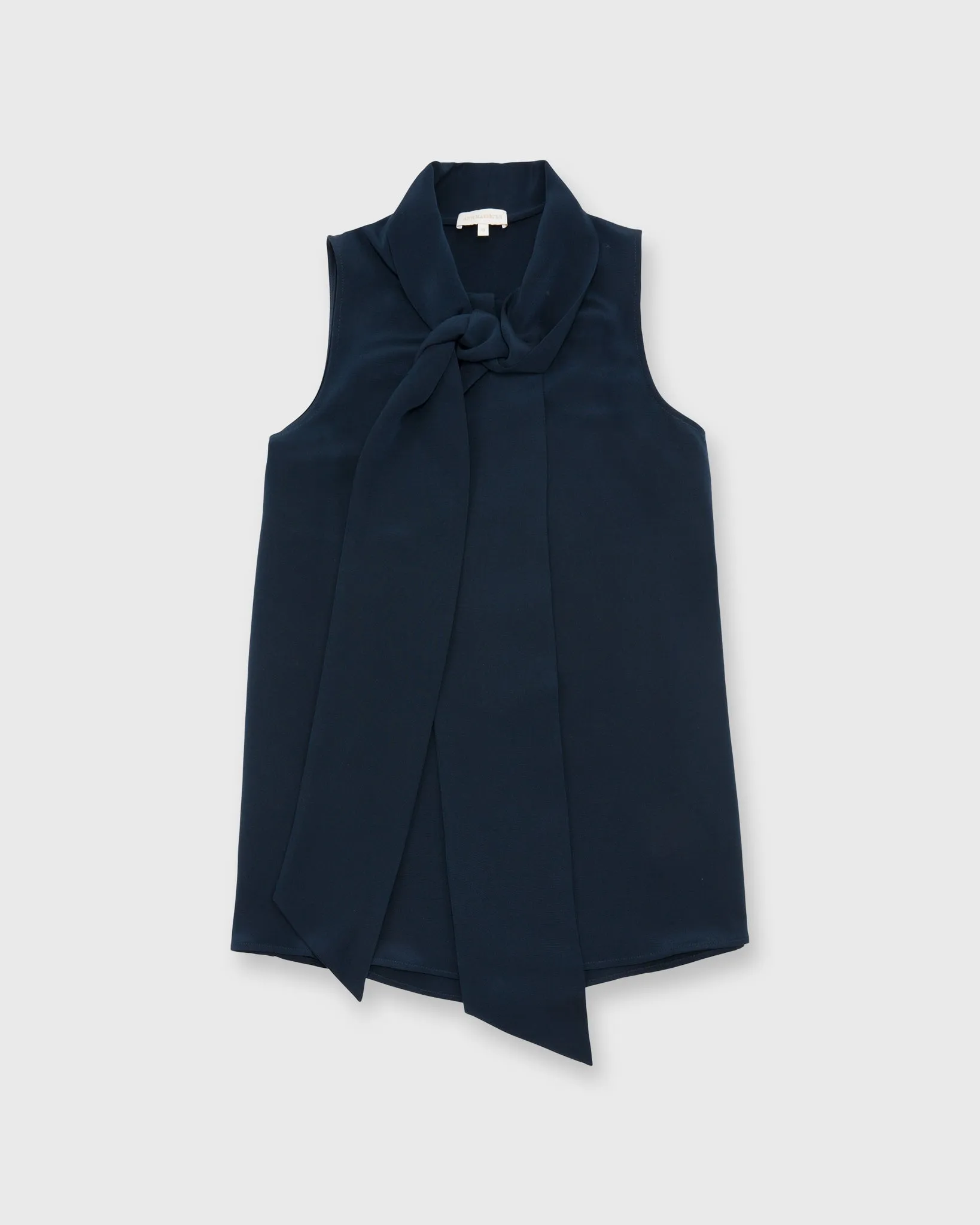 Sleeveless Tie-Neck Blouse in Navy Silk Crepe de Chine