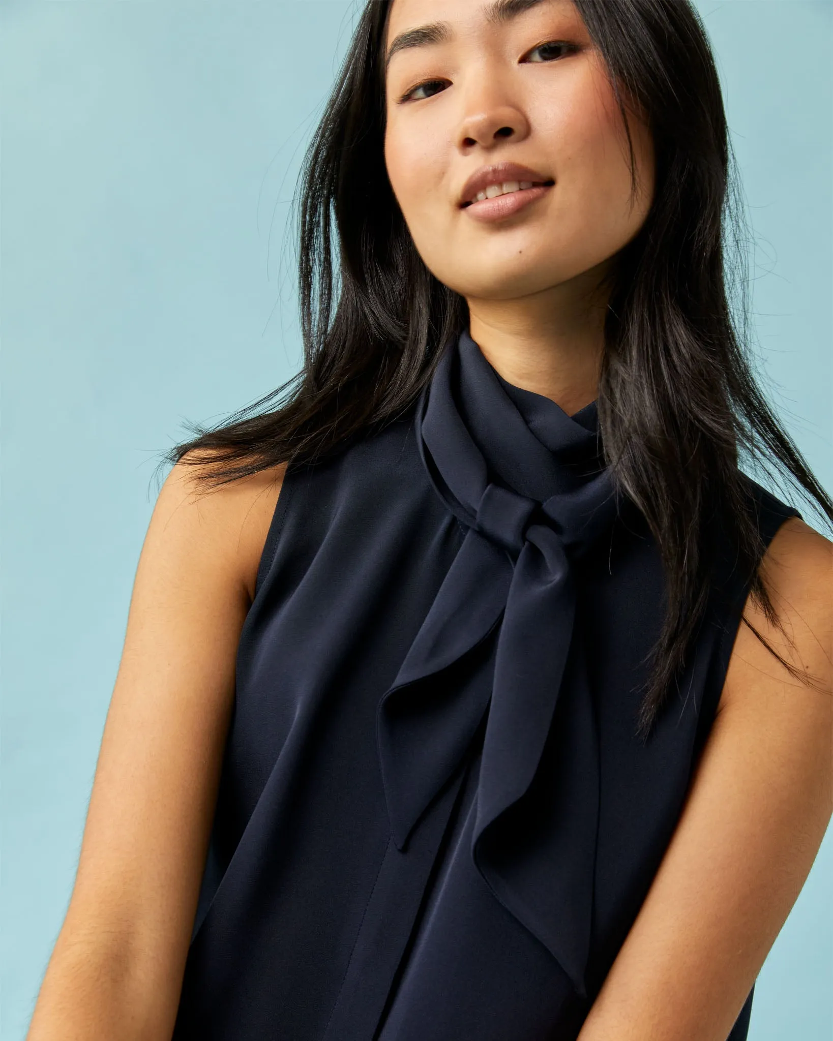 Sleeveless Tie-Neck Blouse in Navy Silk Crepe de Chine