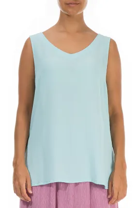 Sleeveless V-Neck Ice Blue Viscose Blouse