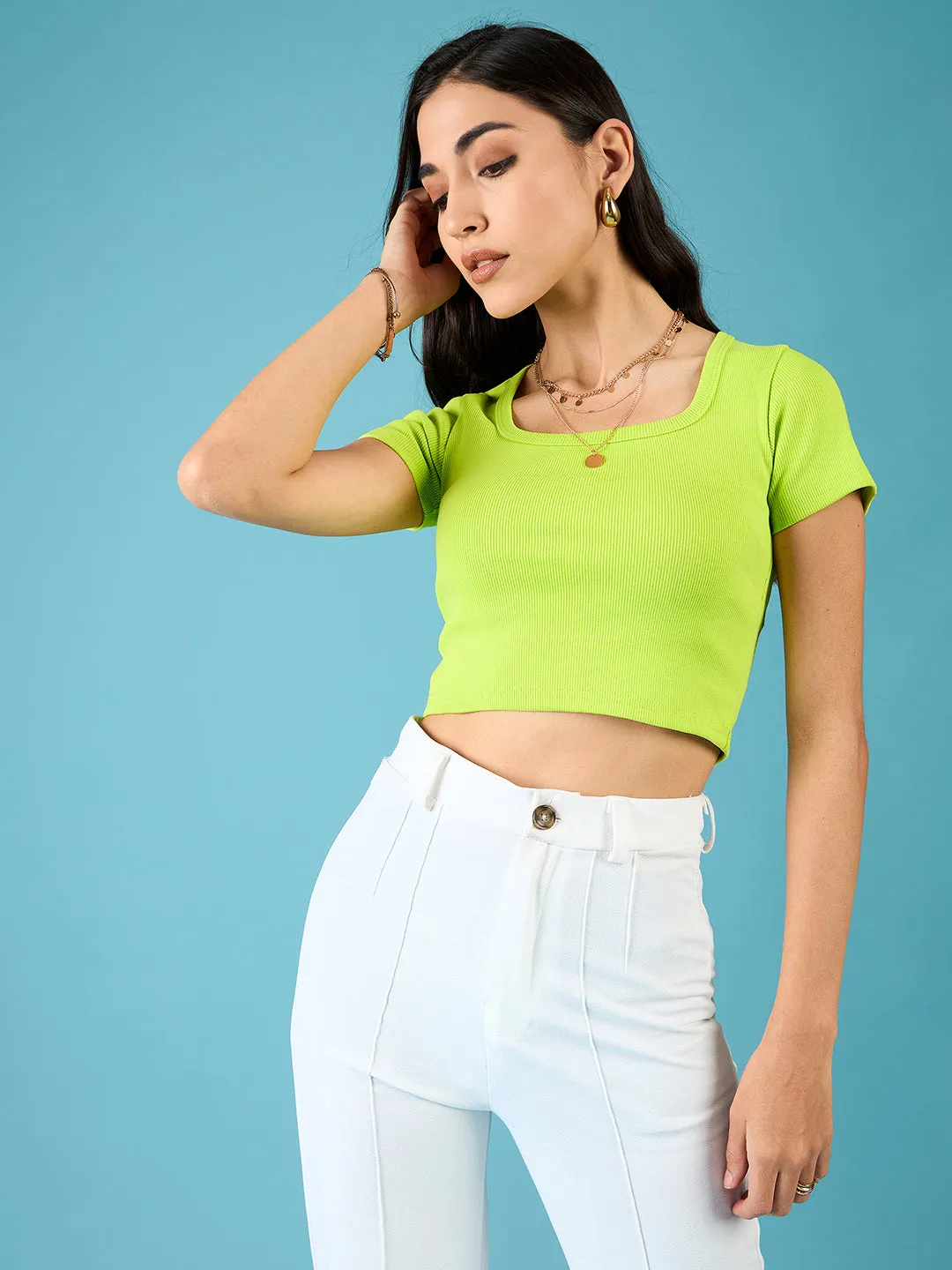 Stretchable Ribbed Half Sleeve Crop Top