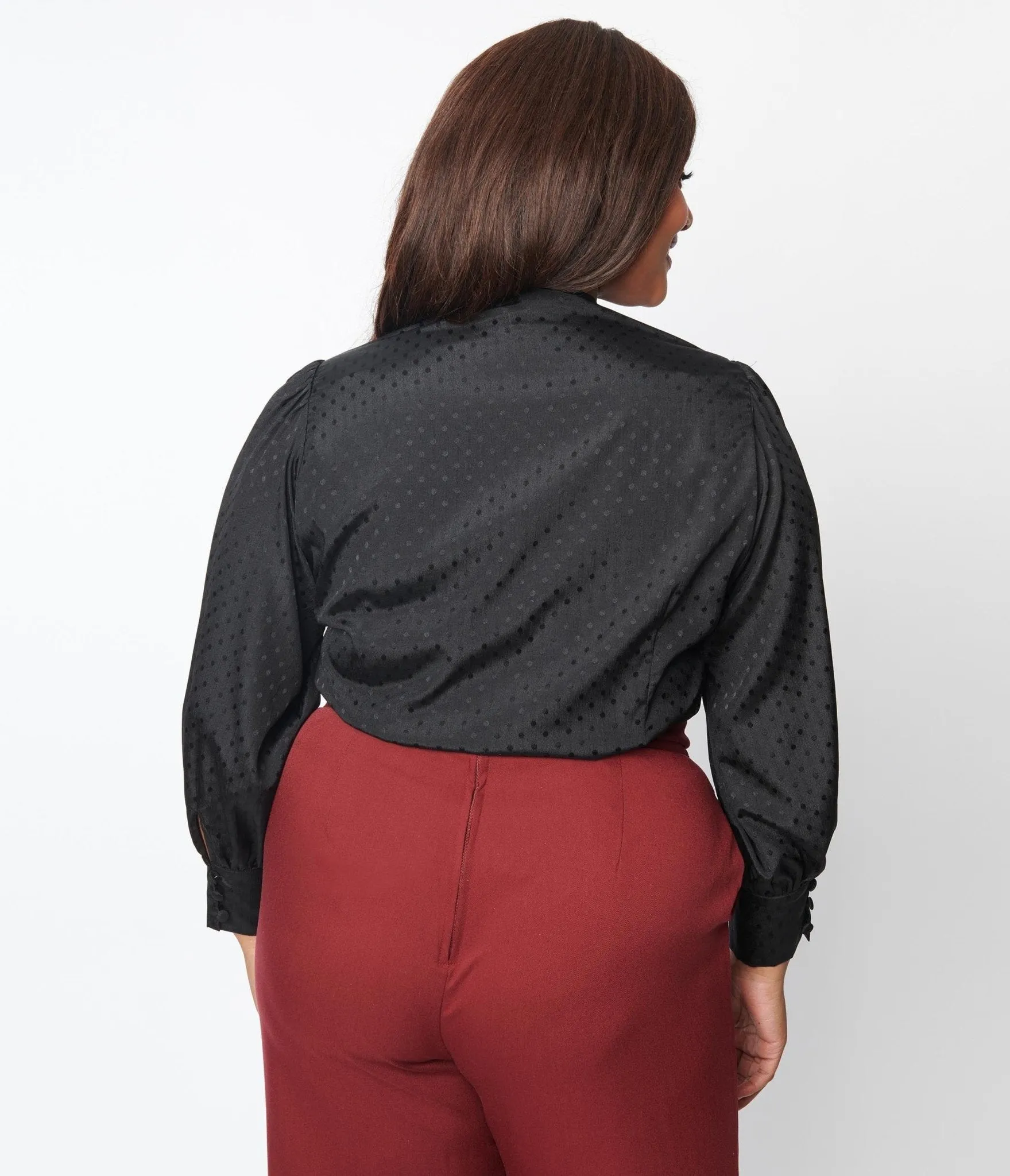 Unique Vintage Plus Size Black Satin Polka Dot Gwen Blouse