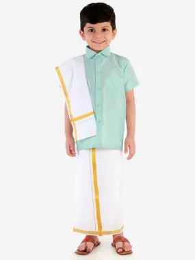 Vastramay Boys' Aqua Silk Short Sleeves Ethnic Shirt Mundu Vesty Style Dhoti Pant Set