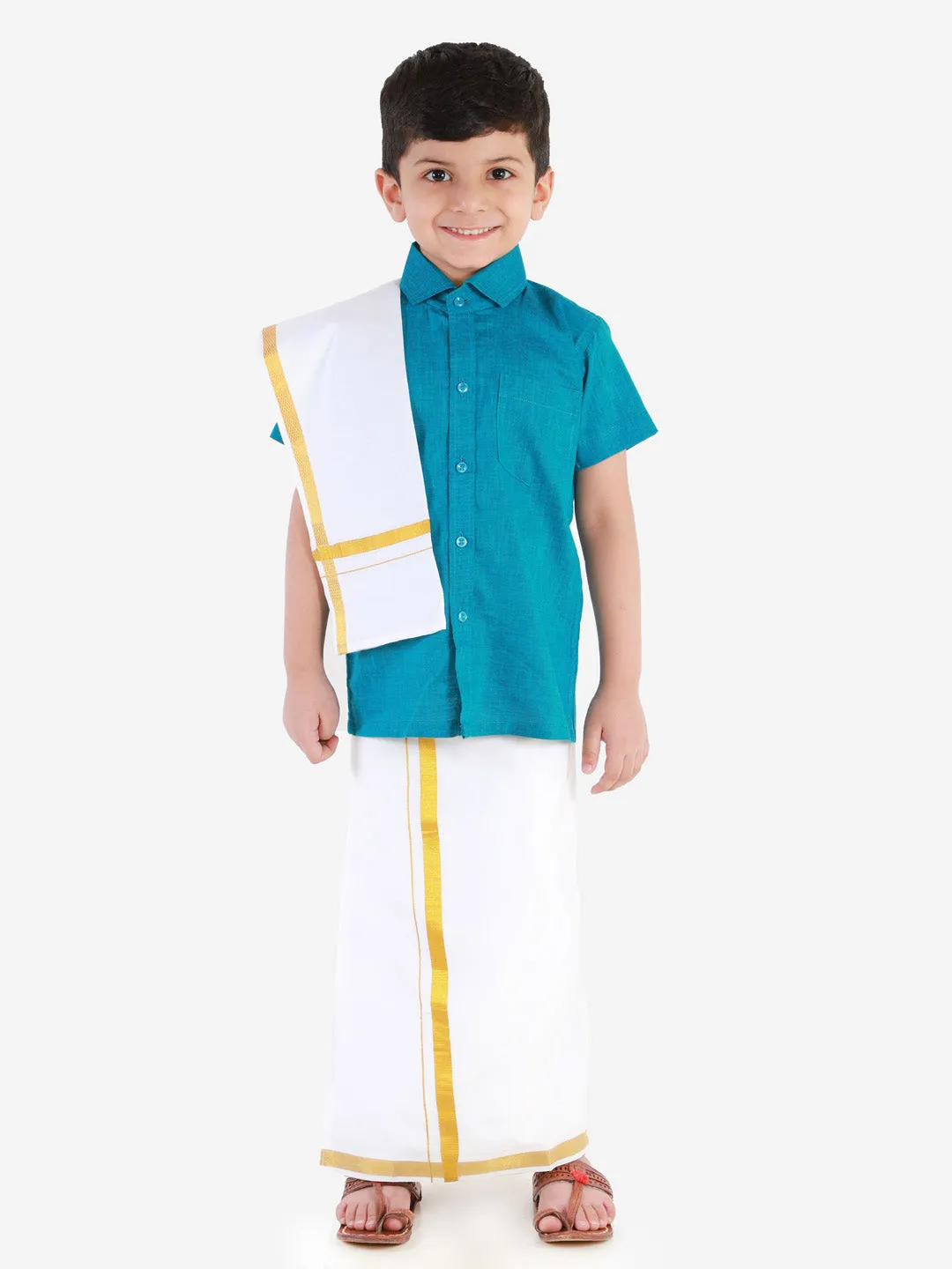 Vastramay Boys' Azure Blue Cotton Short Sleeves Ethnic Shirt Mundu Vesty Style Dhoti Pant Set