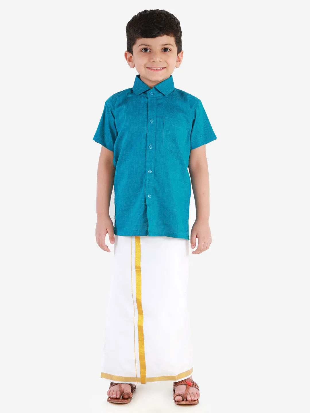 Vastramay Boys' Azure Blue Cotton Short Sleeves Ethnic Shirt Mundu Vesty Style Dhoti Pant Set